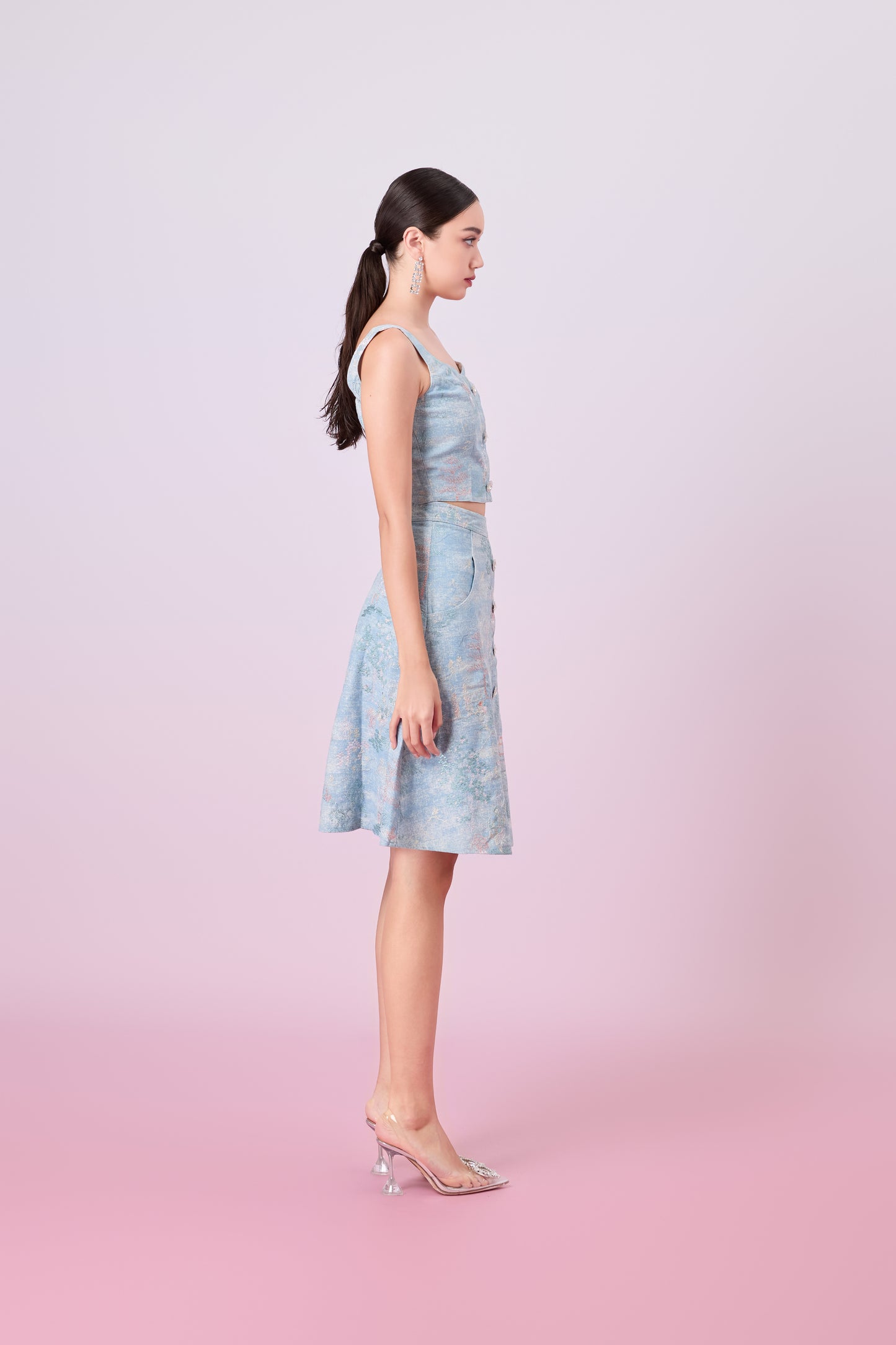 Jacquette Blue Denim Front Button A-Line Skirt