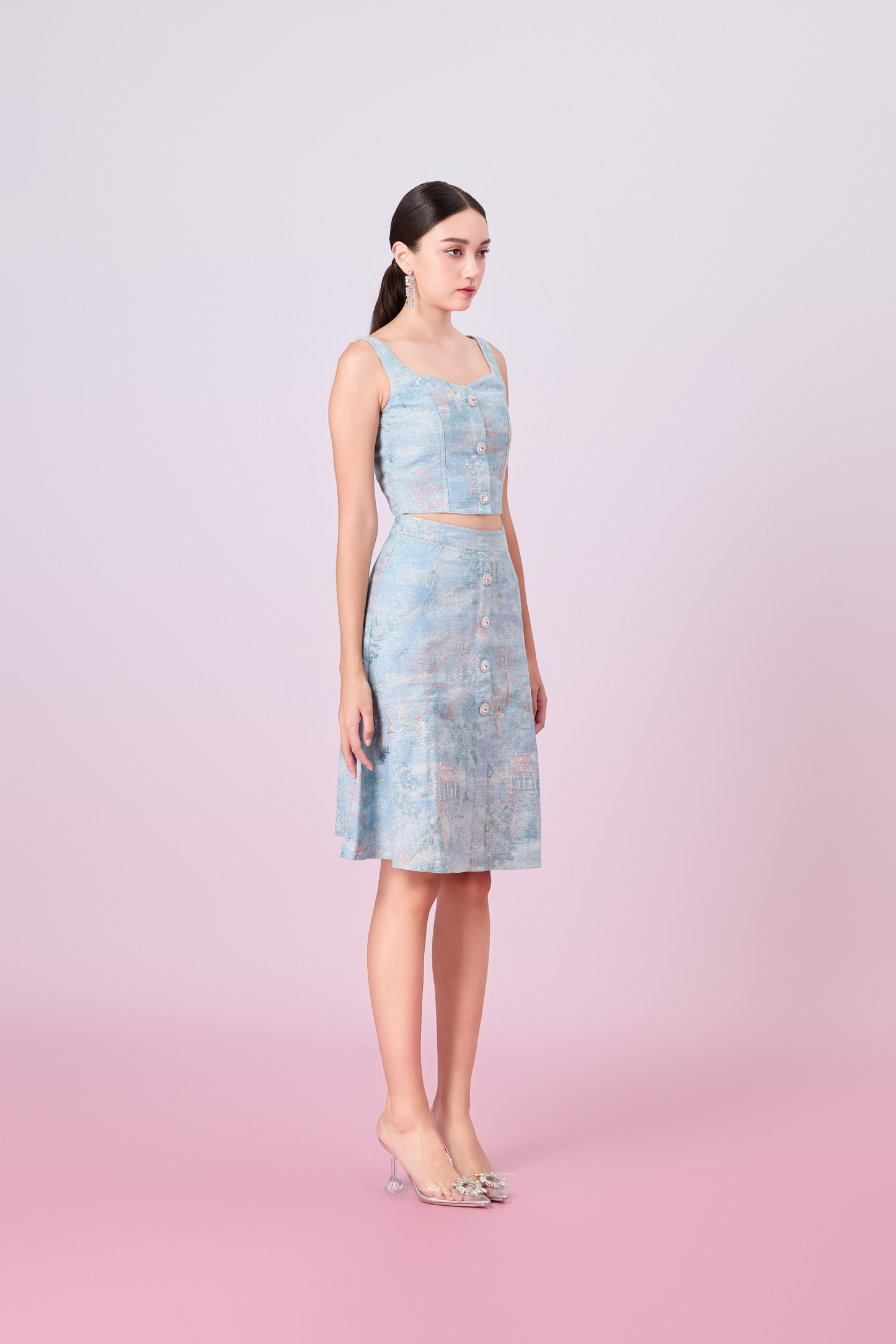 Jacquette Blue Denim Front Button A-Line Skirt