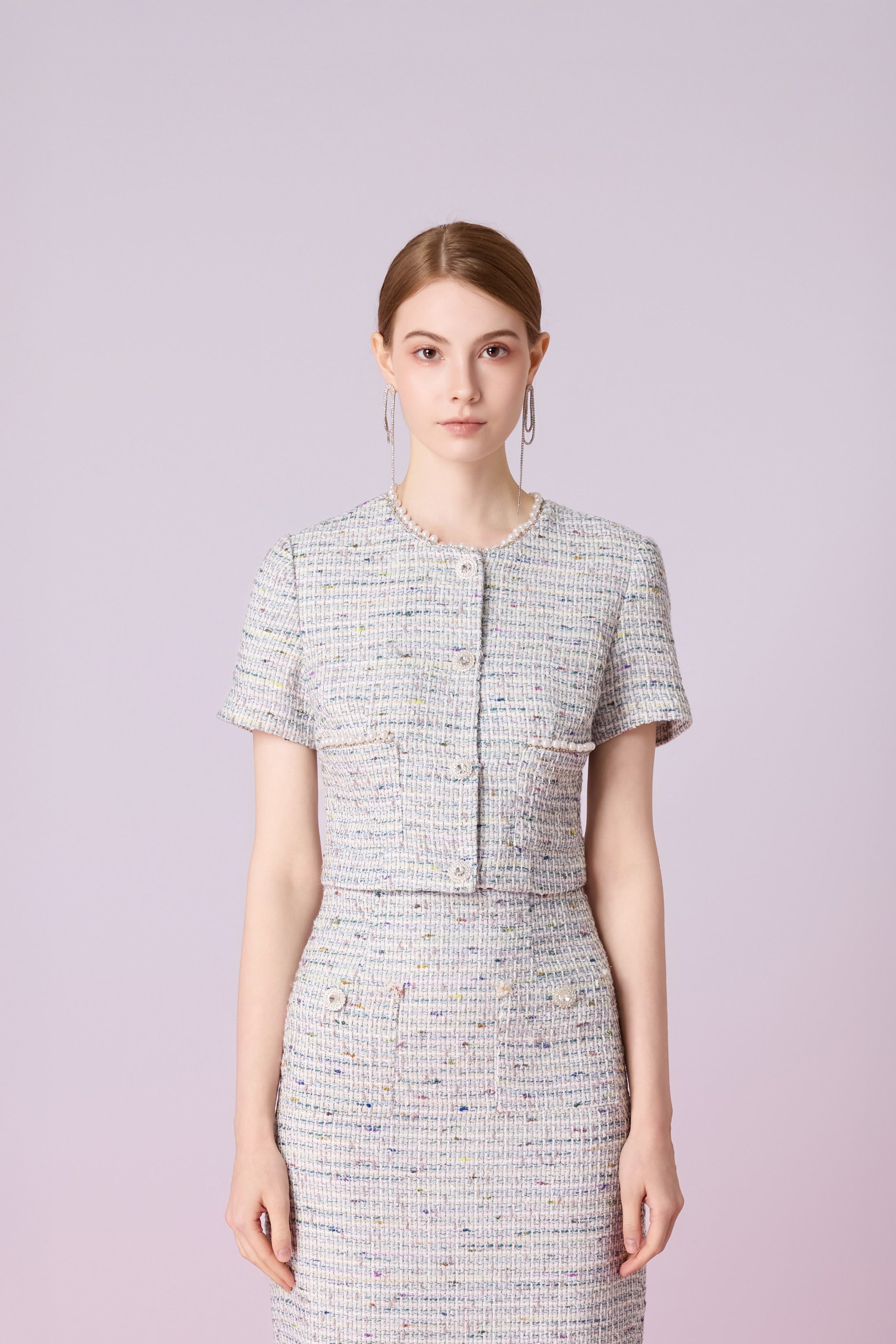 Jackqueline Teal White Tweed Top