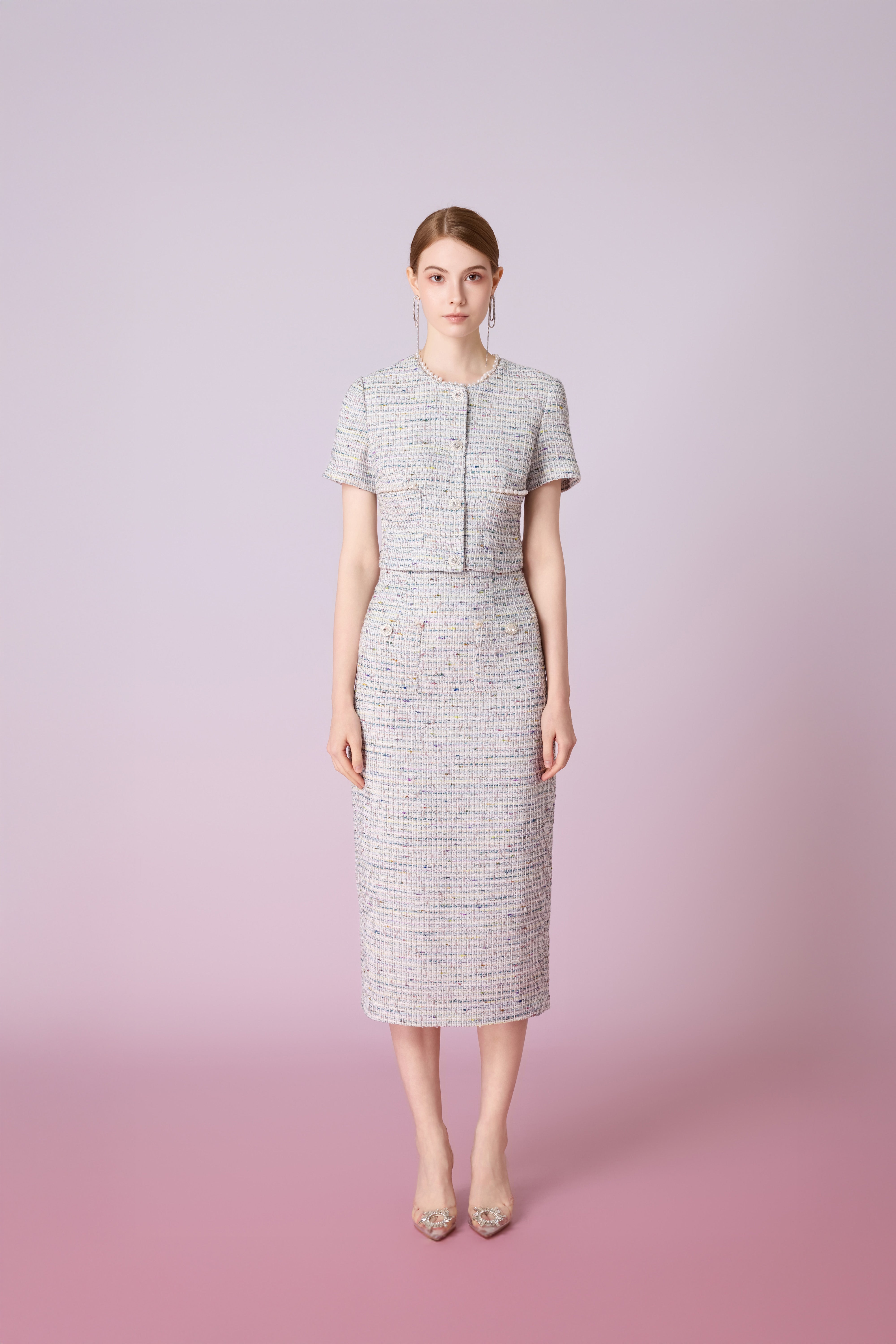 Jackqueline Teal White Tweed Pencil Skirt
