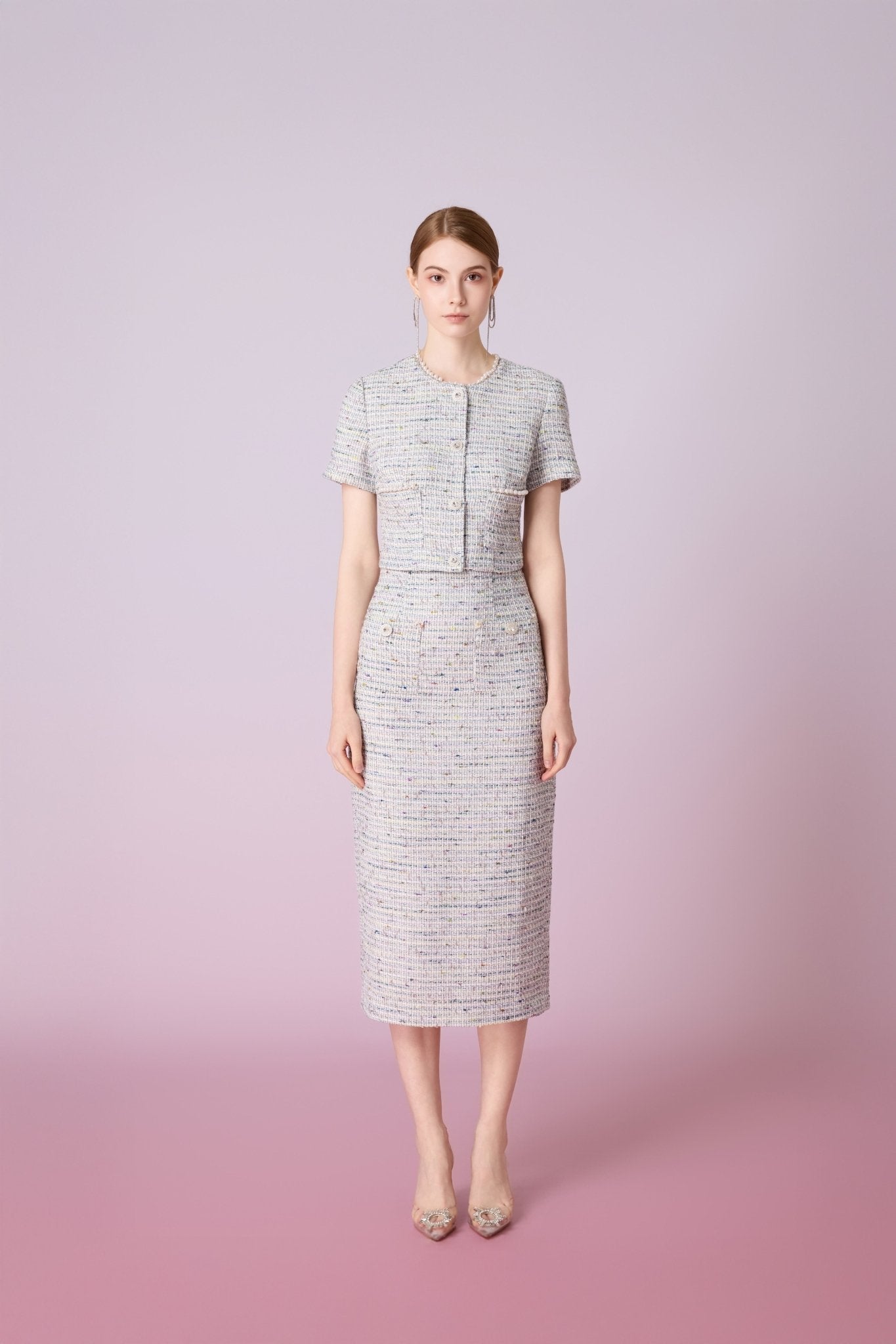 Jackqueline Teal White Tweed Pencil Skirt - Nimisski