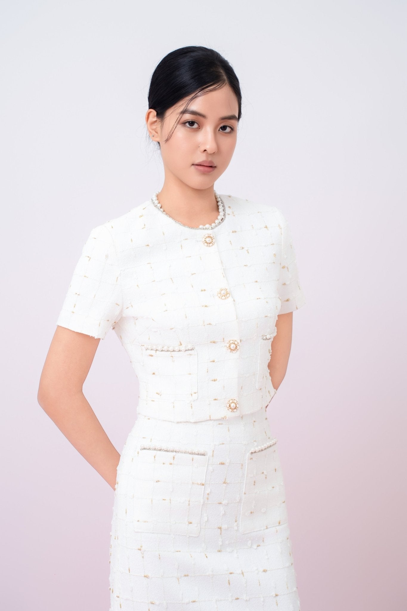 Jackqueline White Tweed With Gold Threads Top - Nimisski