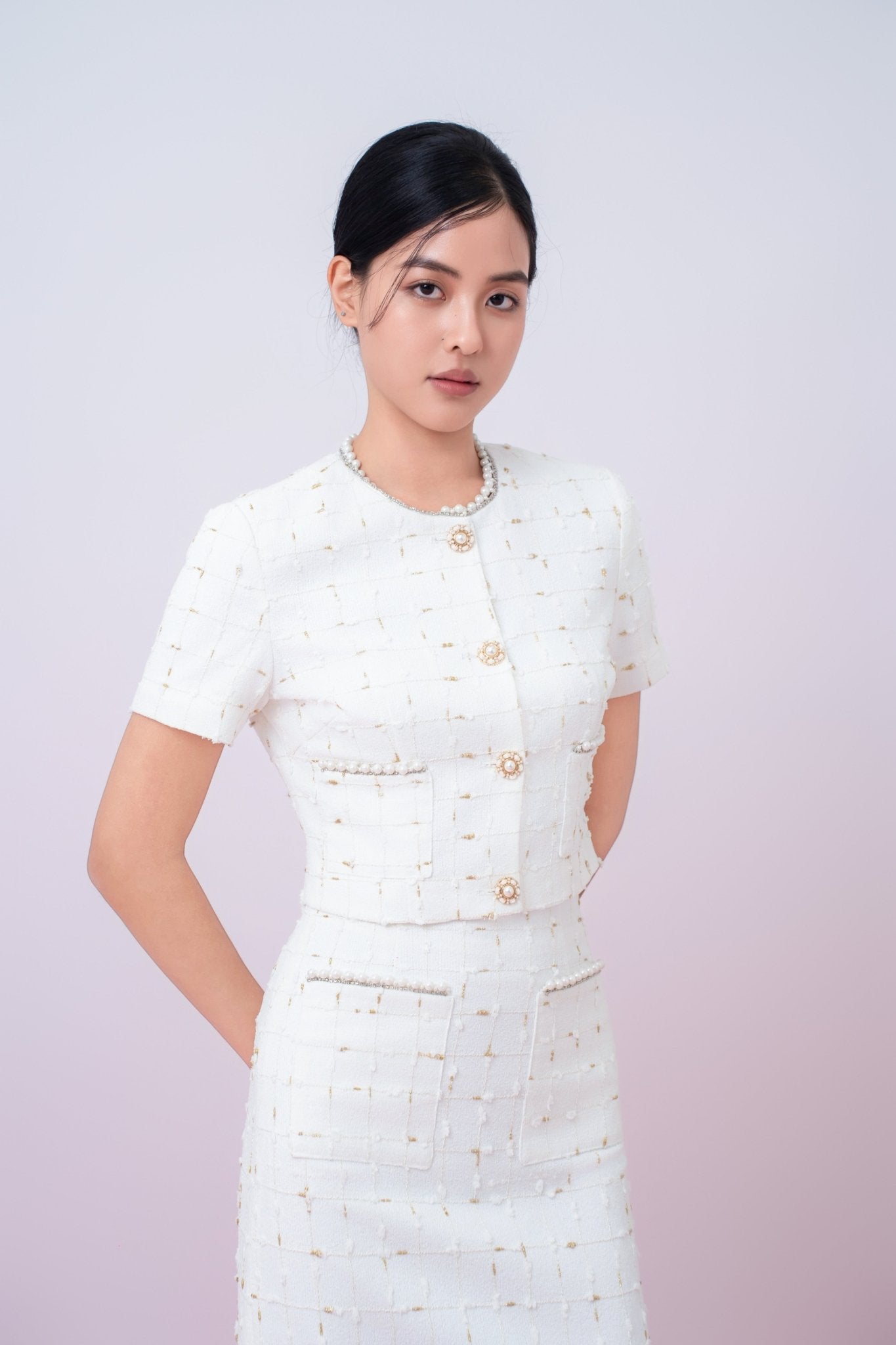 Jackqueline White Tweed With Gold Threads Top - Nimisski
