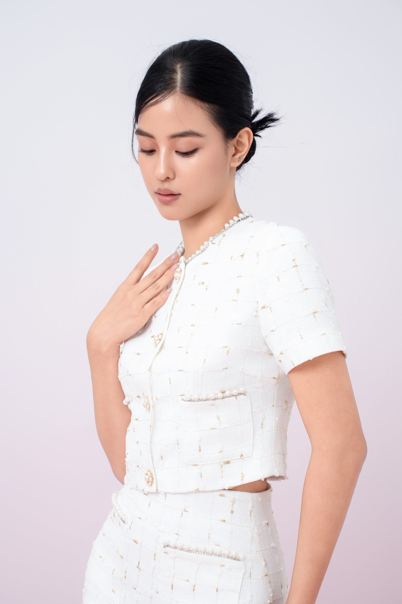 Jackqueline White Tweed With Gold Threads Top - Nimisski