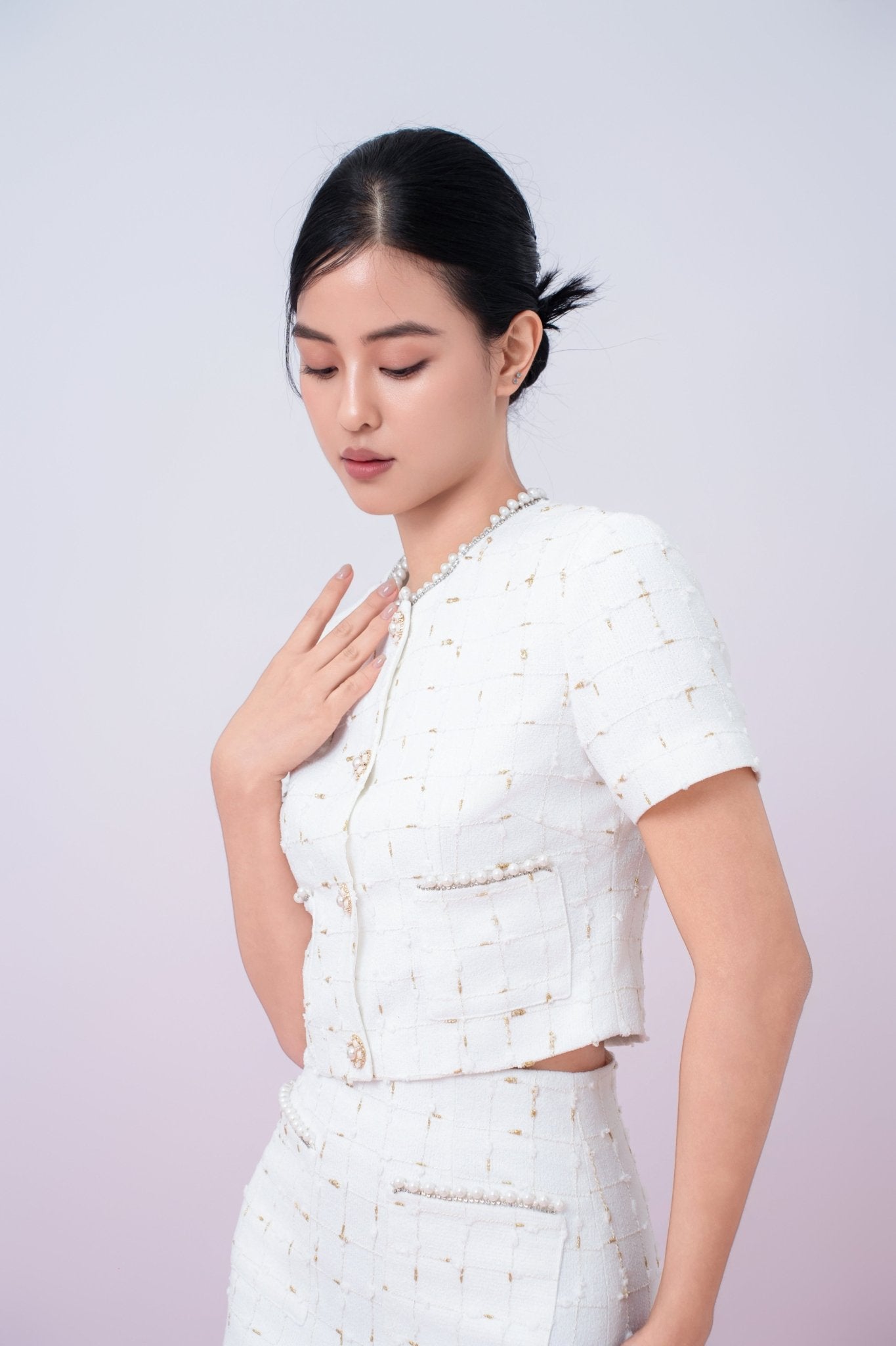 Jackqueline White Tweed With Gold Threads Top - Nimisski