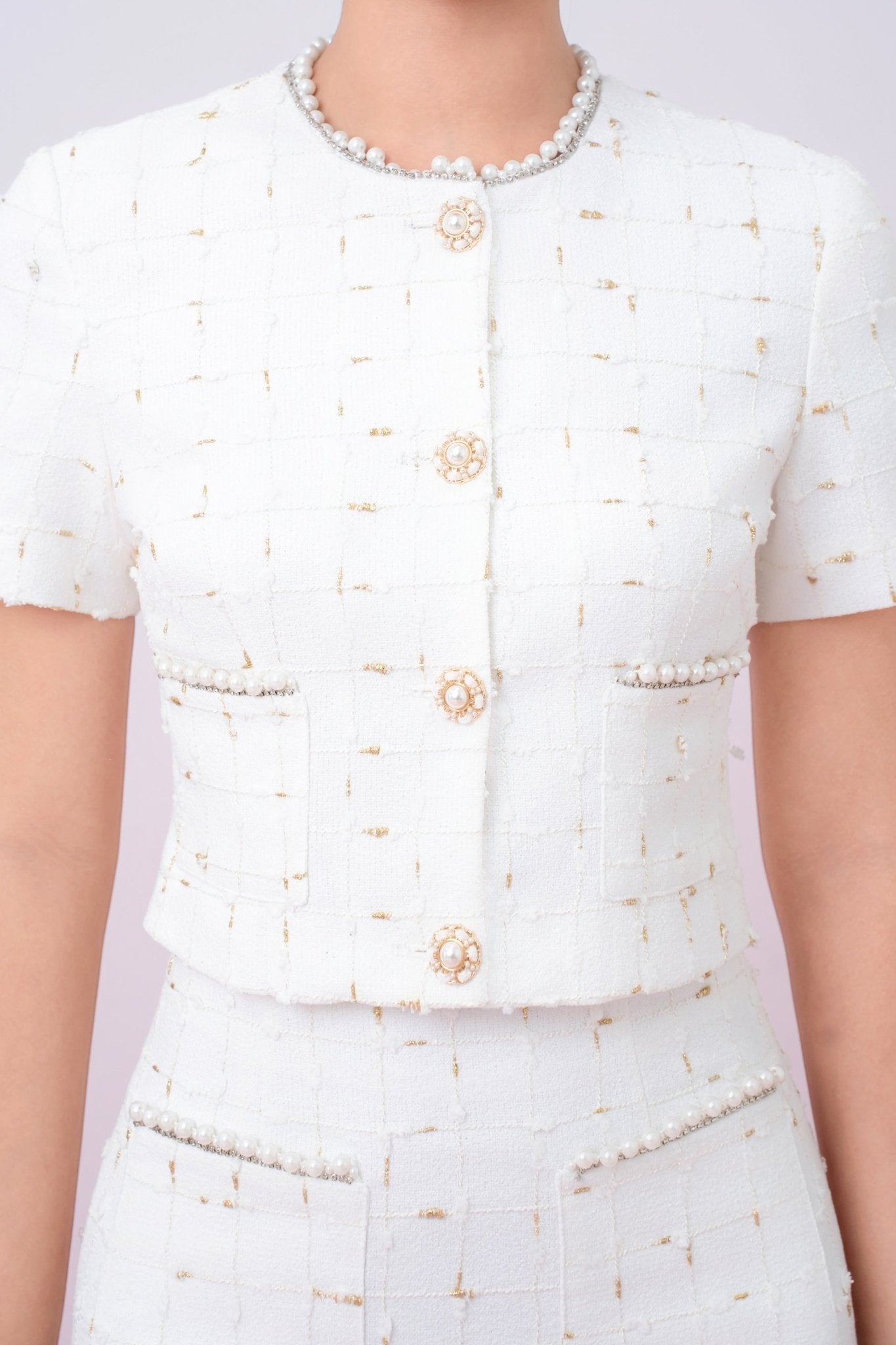 Jackqueline White Tweed With Gold Threads Top - Nimisski