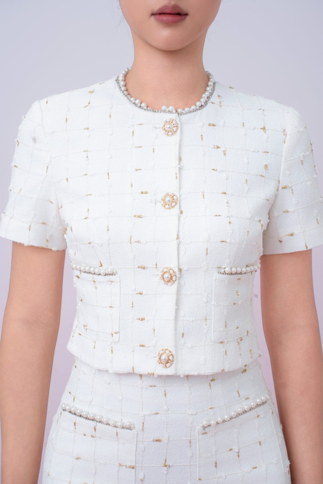 Jackqueline White Tweed With Gold Threads Top - Nimisski