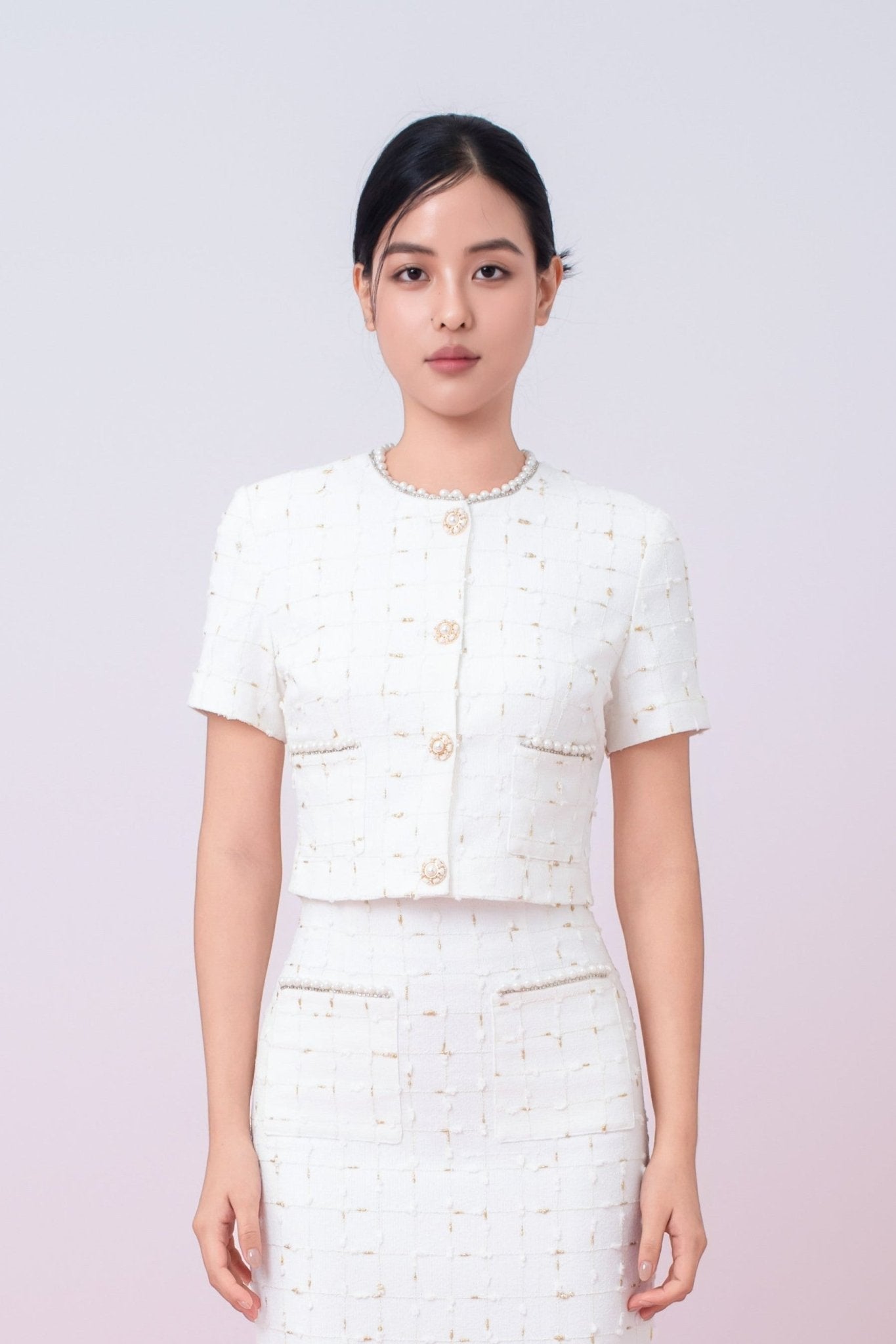 Jackqueline White Tweed With Gold Threads Top - Nimisski