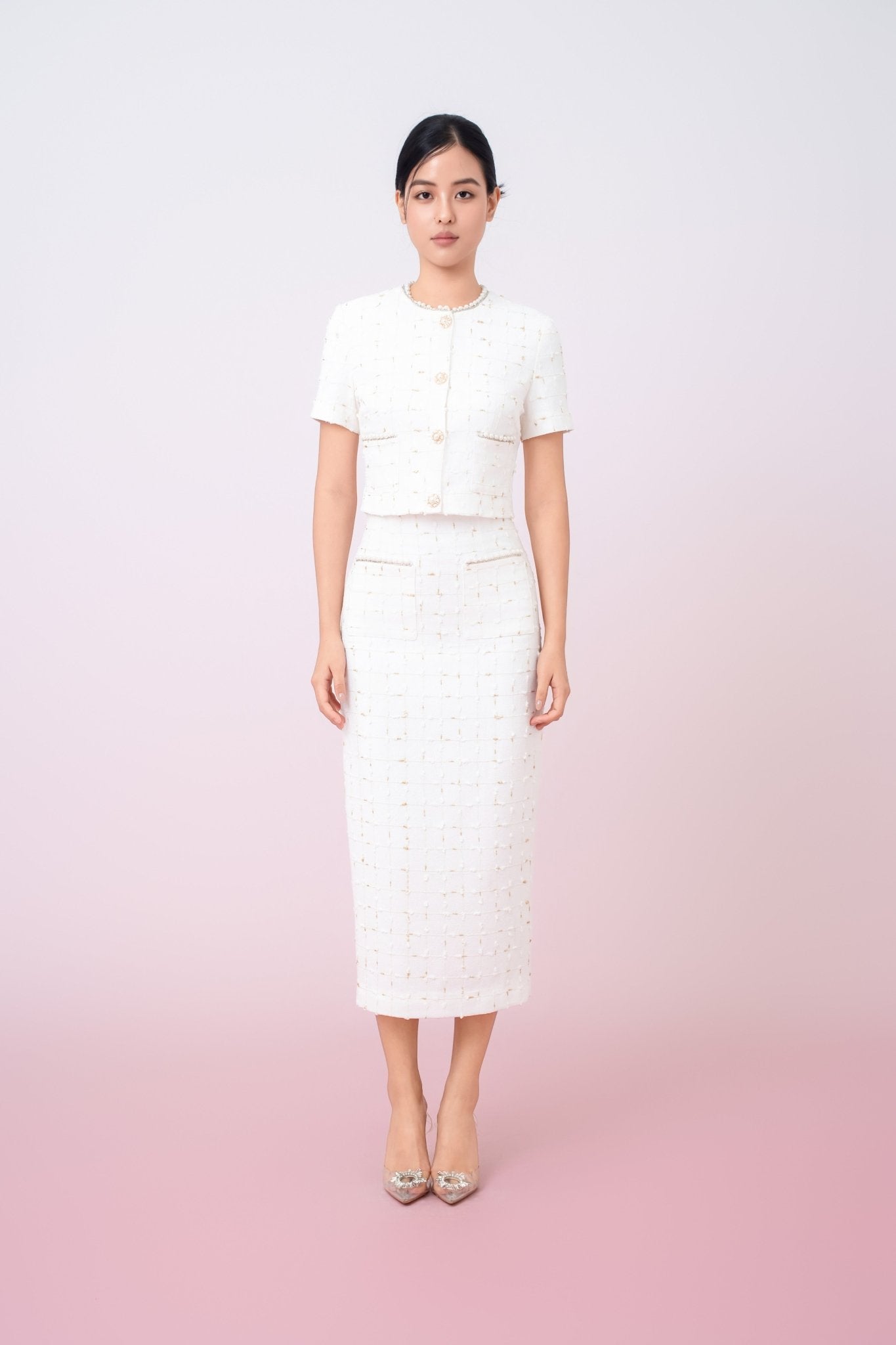 Jackqueline White Tweed With Gold Threads Pencil Skirt - Nimisski
