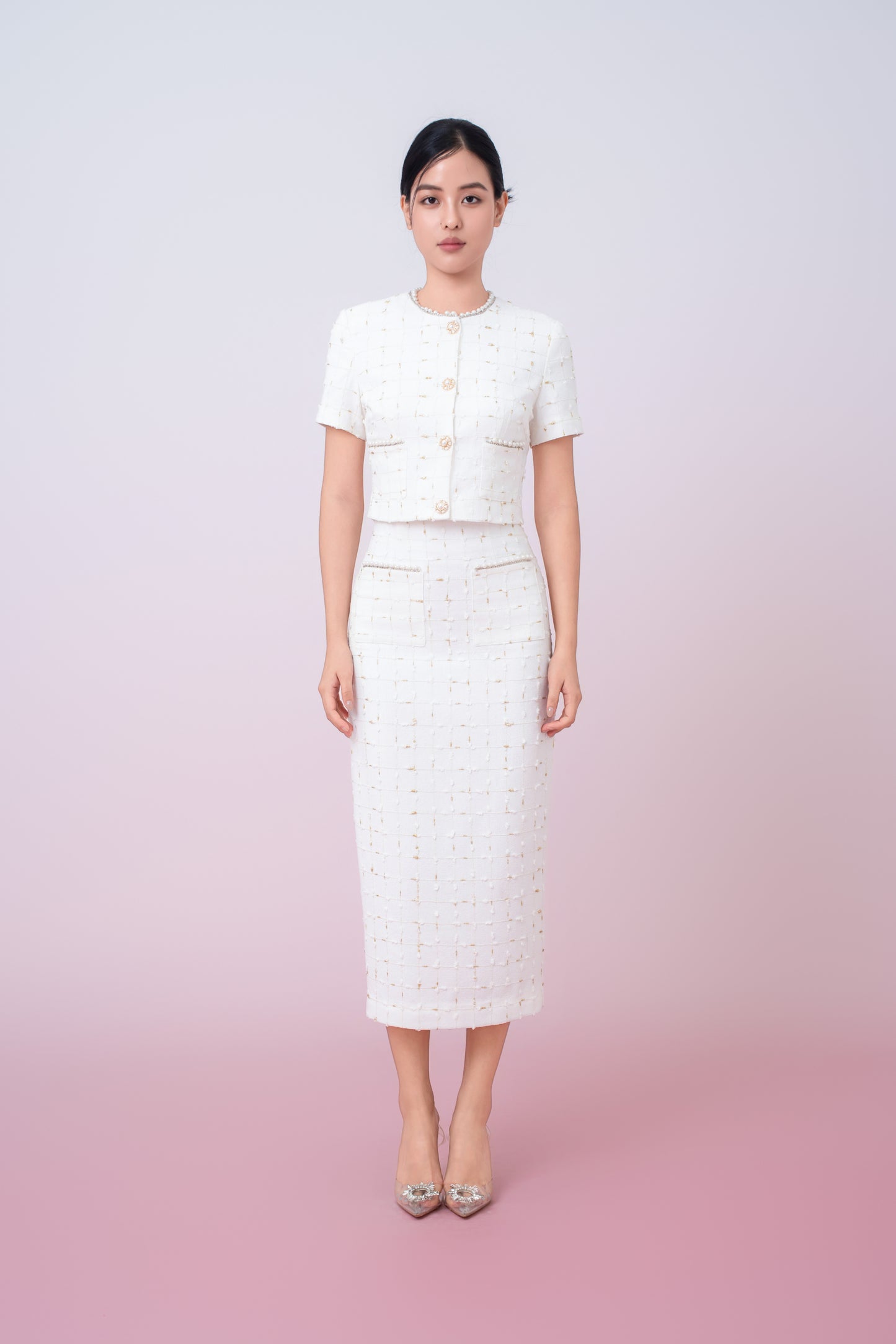 Jackqueline White Tweed With Gold Threads Pencil Skirt