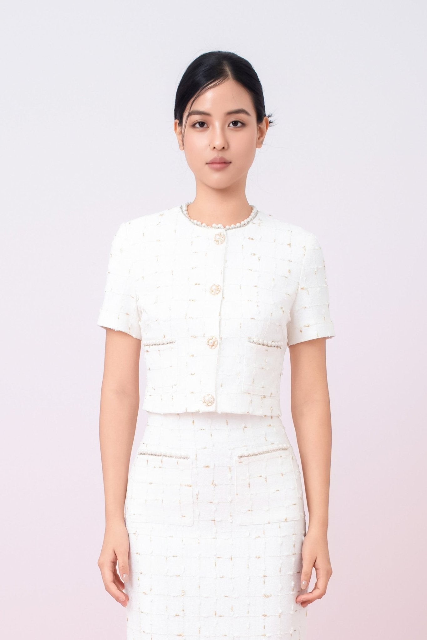 Jackqueline White Tweed With Gold Threads Top - Nimisski