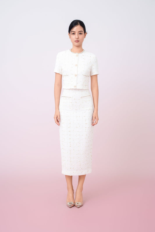 Jackqueline White Tweed With Gold Threads Top - Nimisski