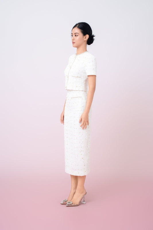 Jackqueline White Tweed With Gold Threads Pencil Skirt - Nimisski