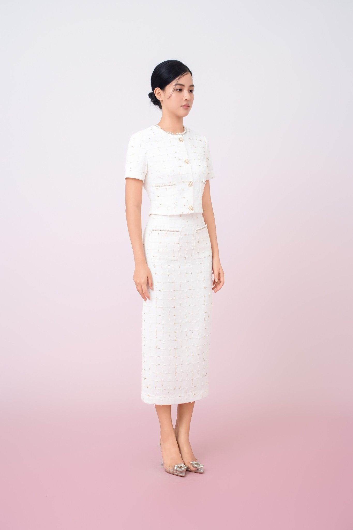 Jackqueline White Tweed With Gold Threads Top - Nimisski
