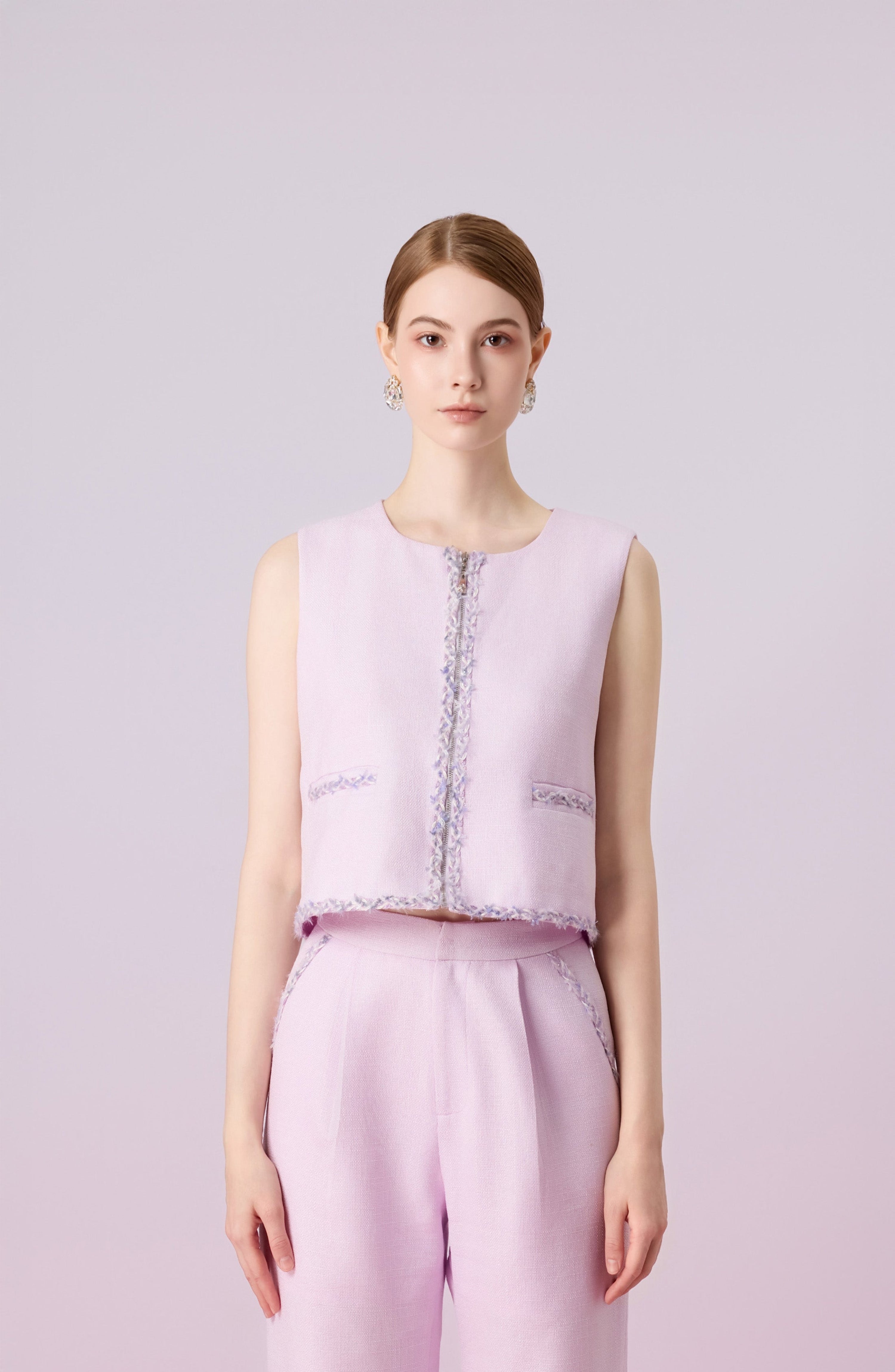 Jewelyn Lilac Tweed Front Zipper Vest