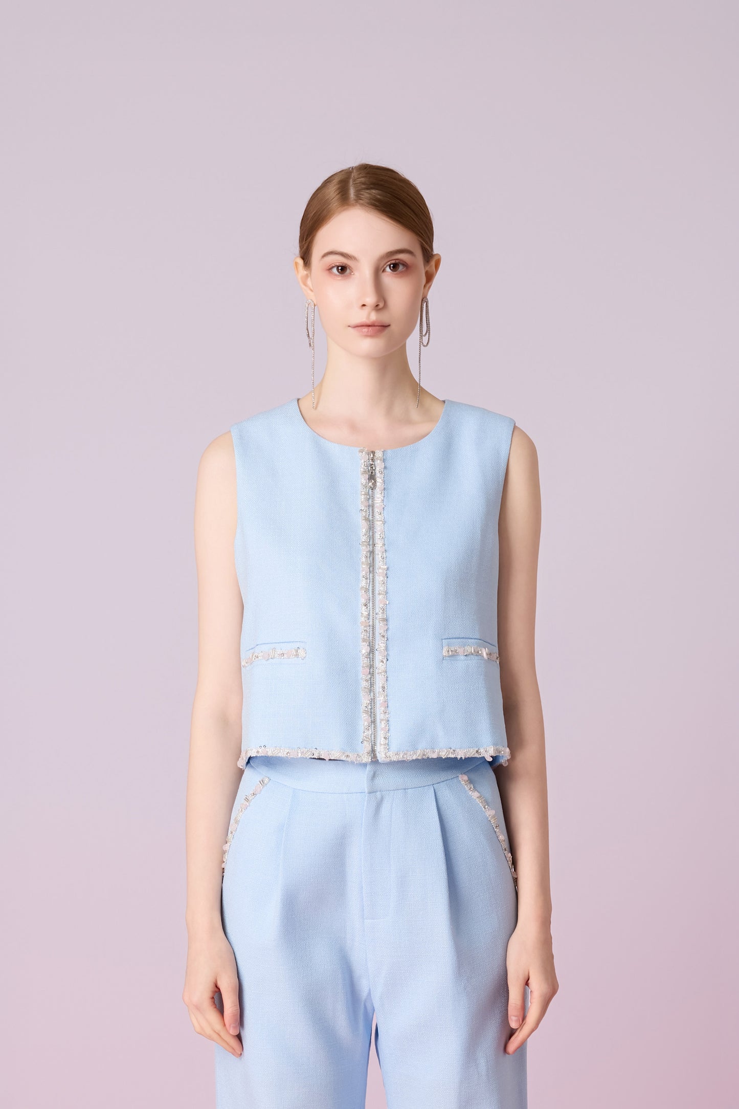 Jewelyn Blue Tweed Front Zipper Vest – Nimisski