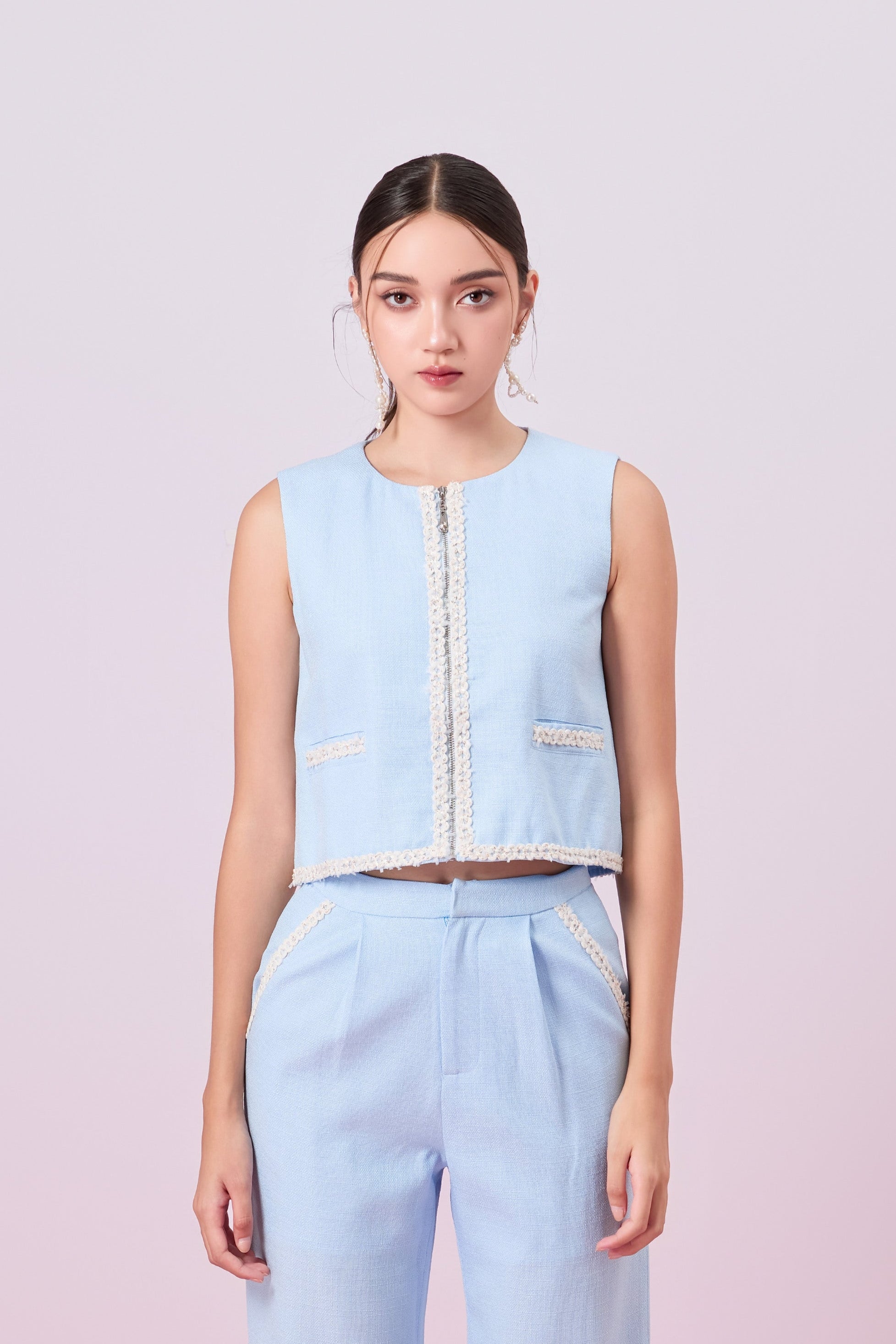 Jewelyn Blue Tweed Front Zipper Vest