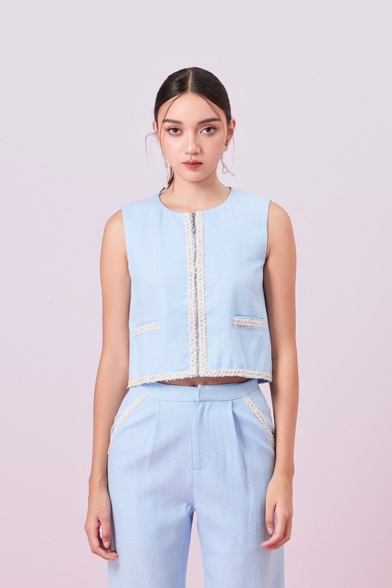 Jewelyn Blue Tweed Front Zipper Vest - Nimisski