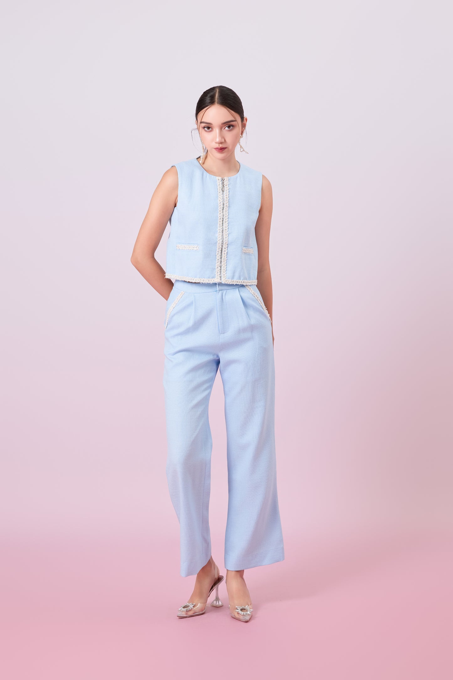 Jewelyn Blue Tweed Straight Pants