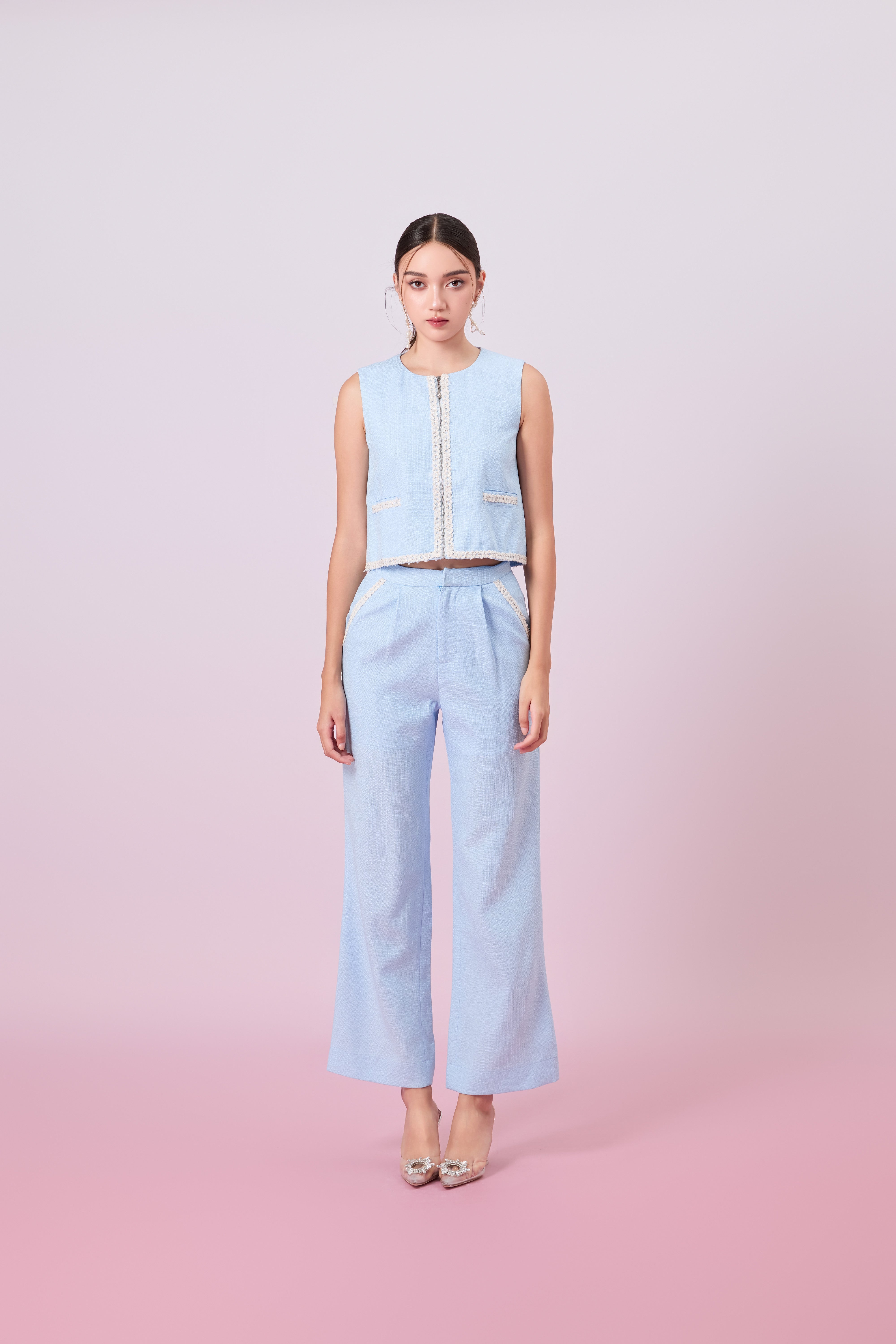 Jewelyn Blue Tweed Straight Pants