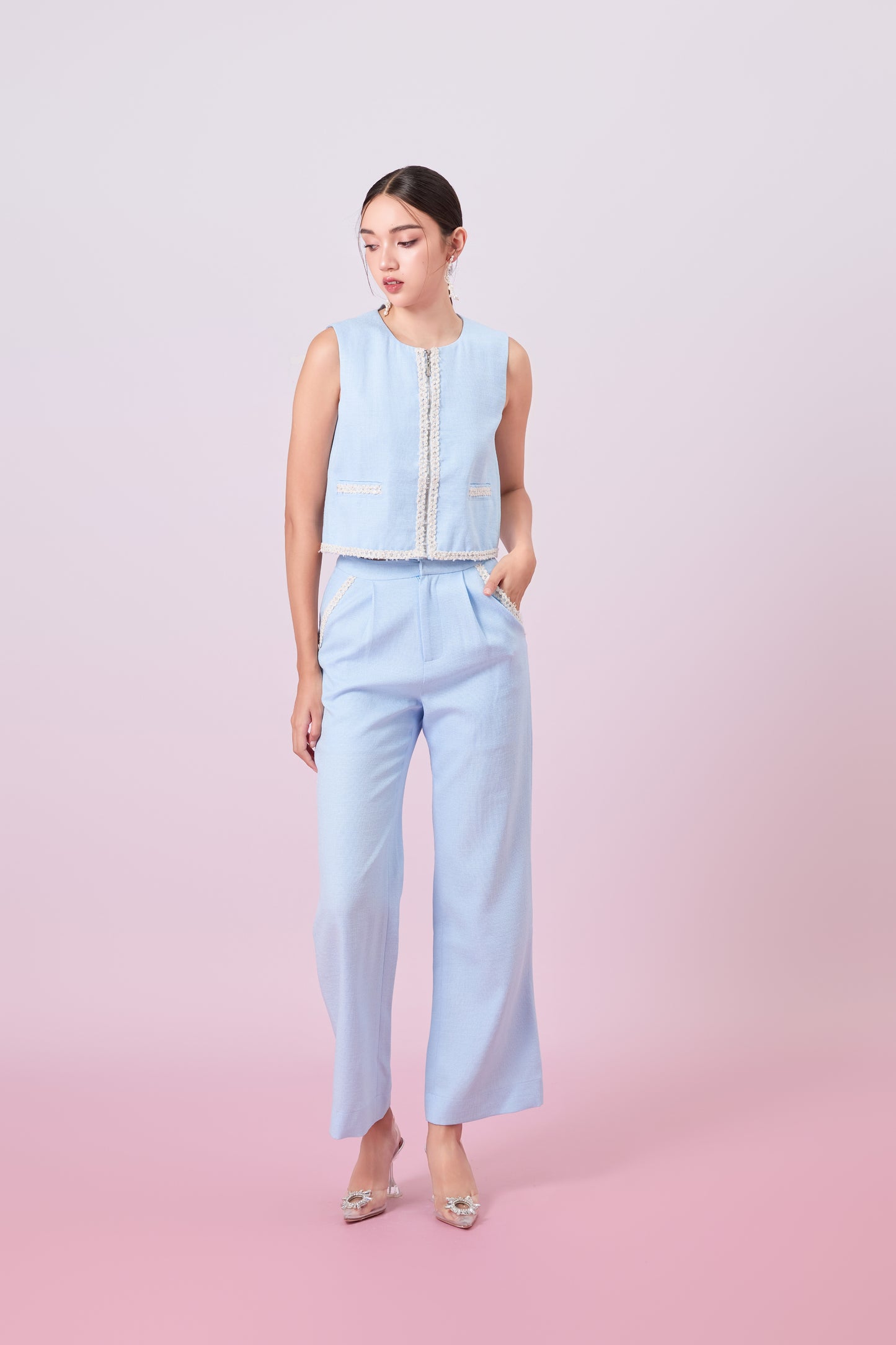 Jewelyn Blue Tweed Straight Pants