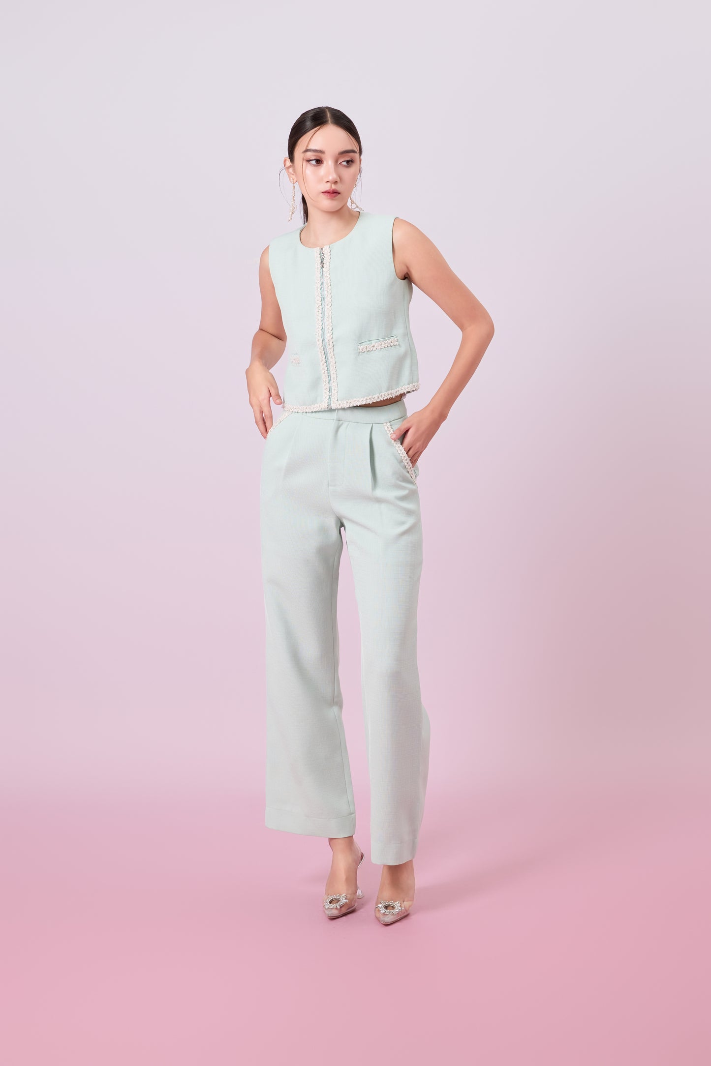 Jewelyn Light Green Tweed Straight Pants