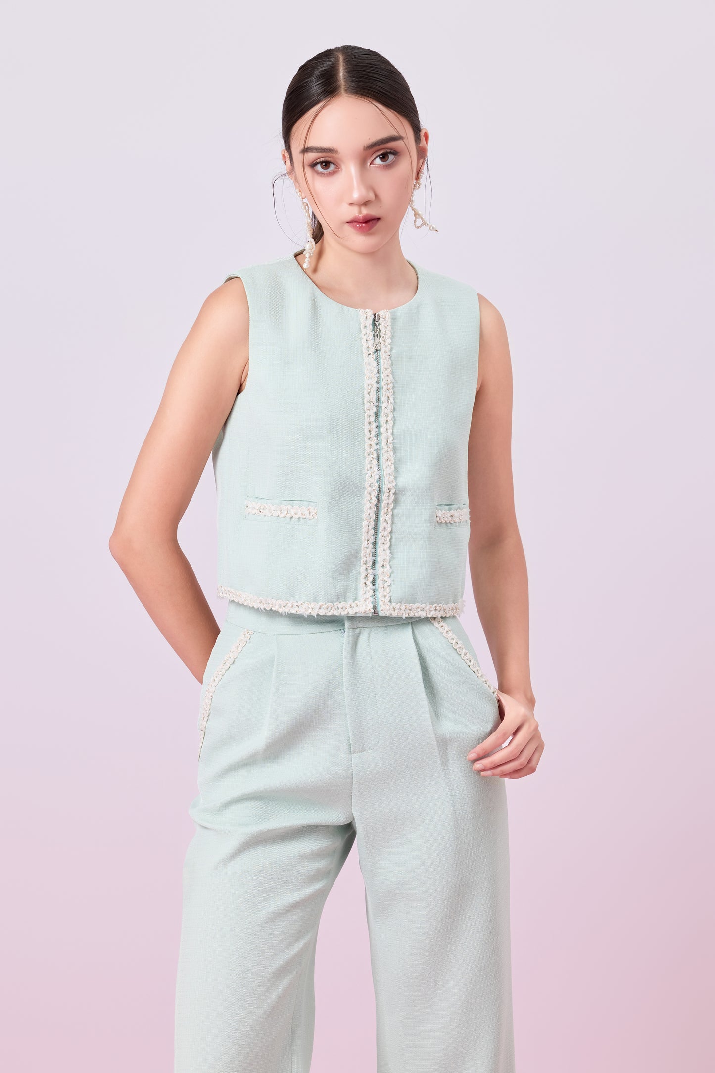 Jewelyn Light Green Tweed Front Zipper Vest