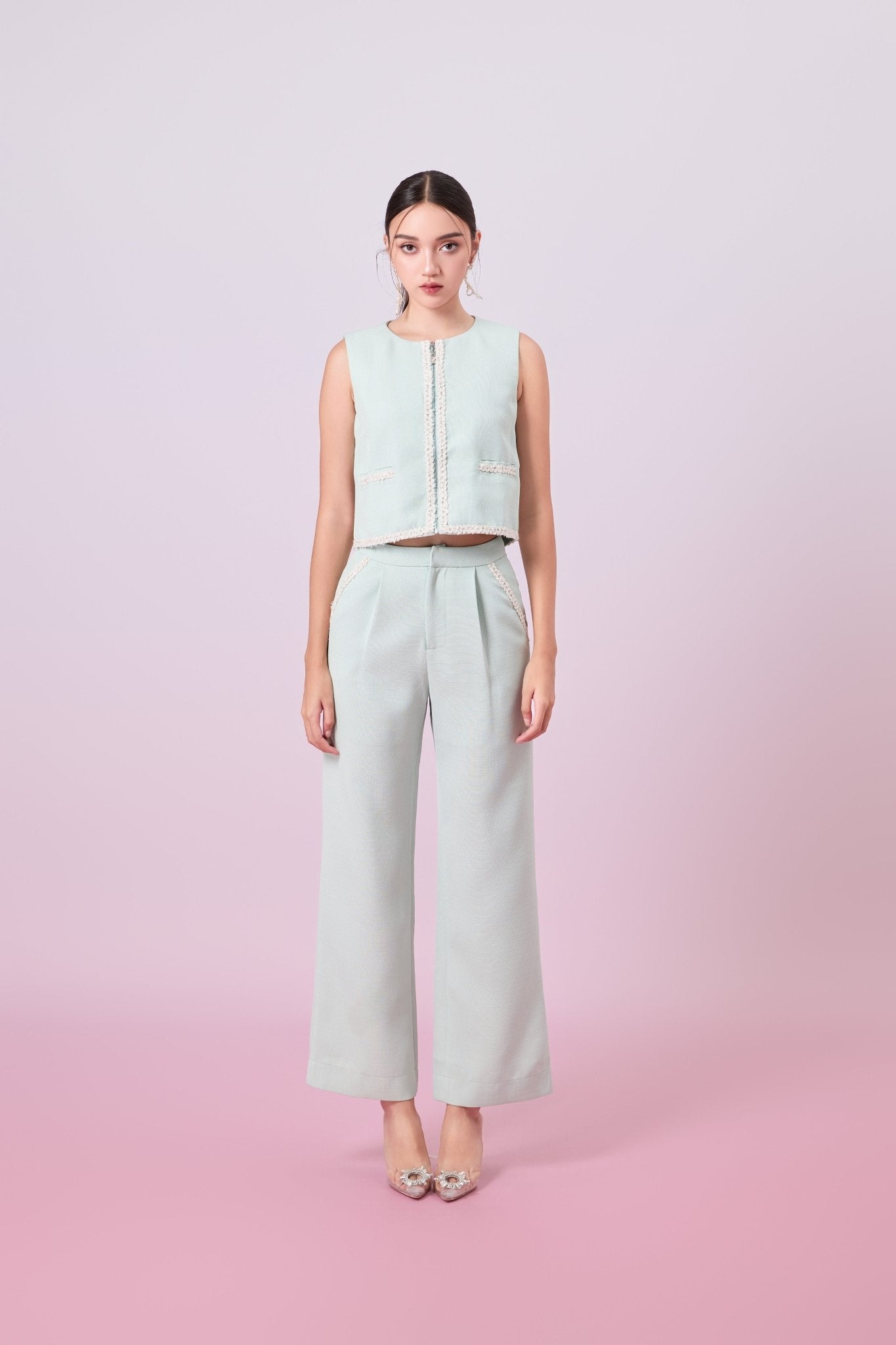 Jewelyn Light Green Tweed Straight Pants - Nimisski