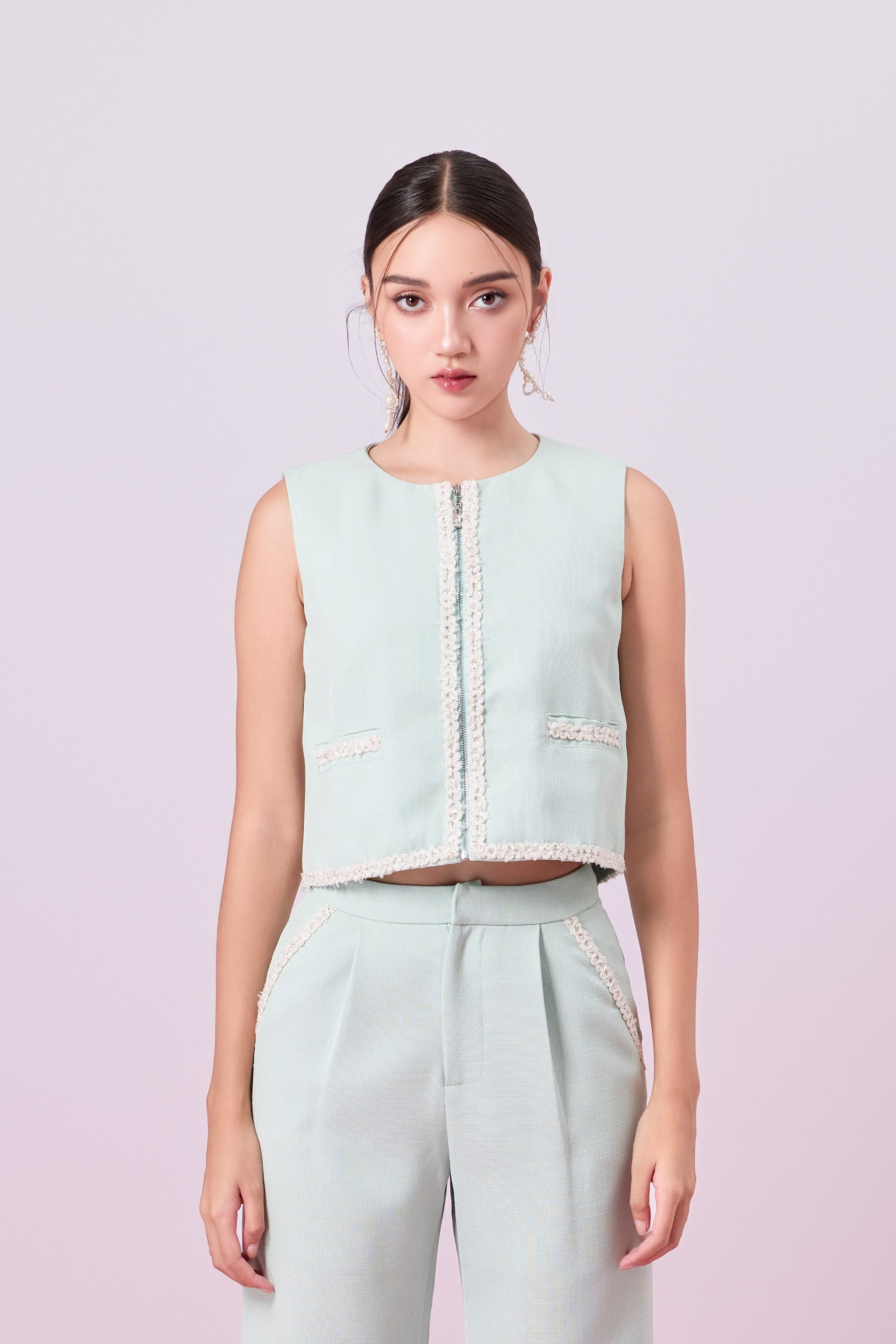 Jewelyn Light Green Tweed Front Zipper Vest