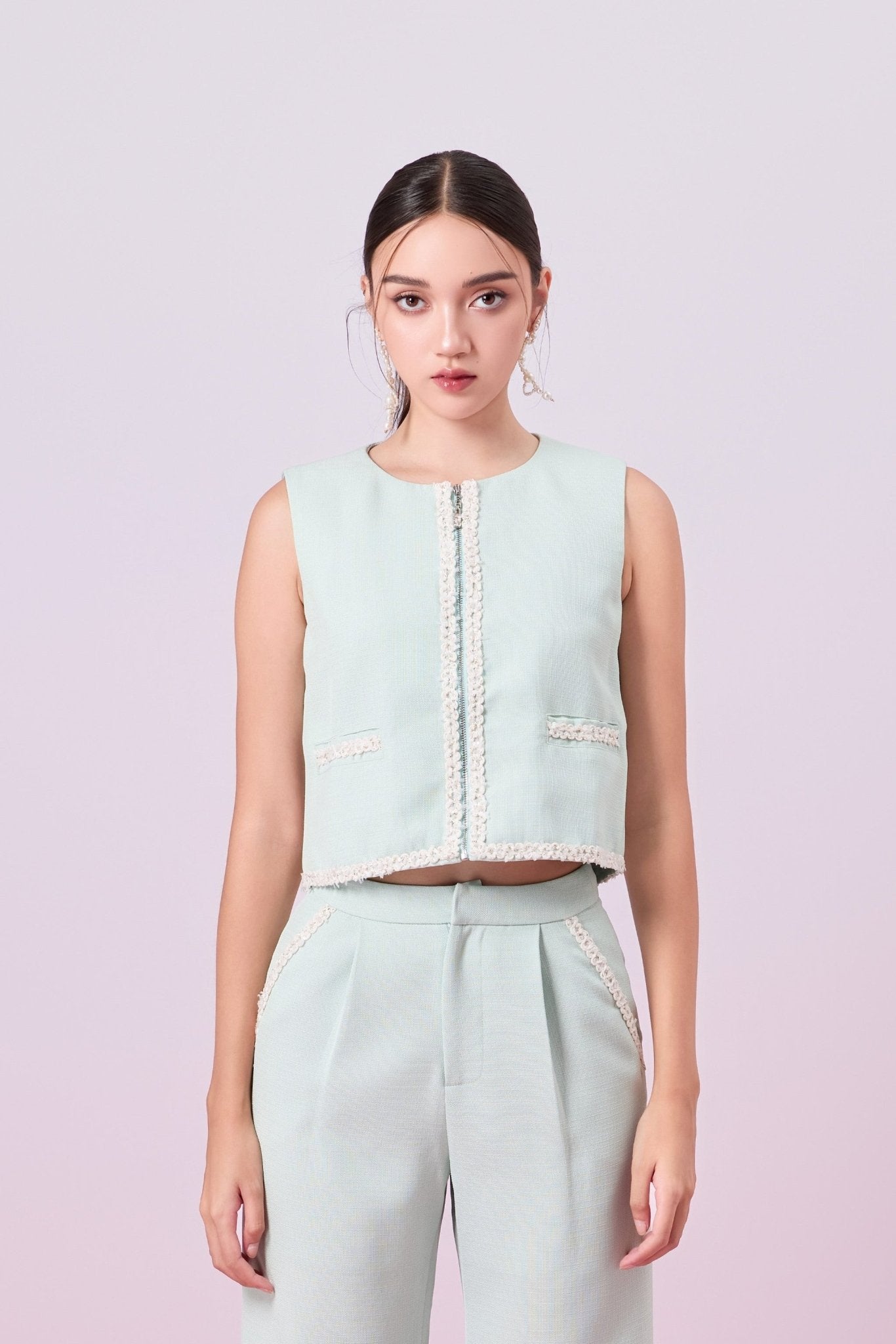 Jewelyn Light Green Tweed Front Zipper Vest - Nimisski