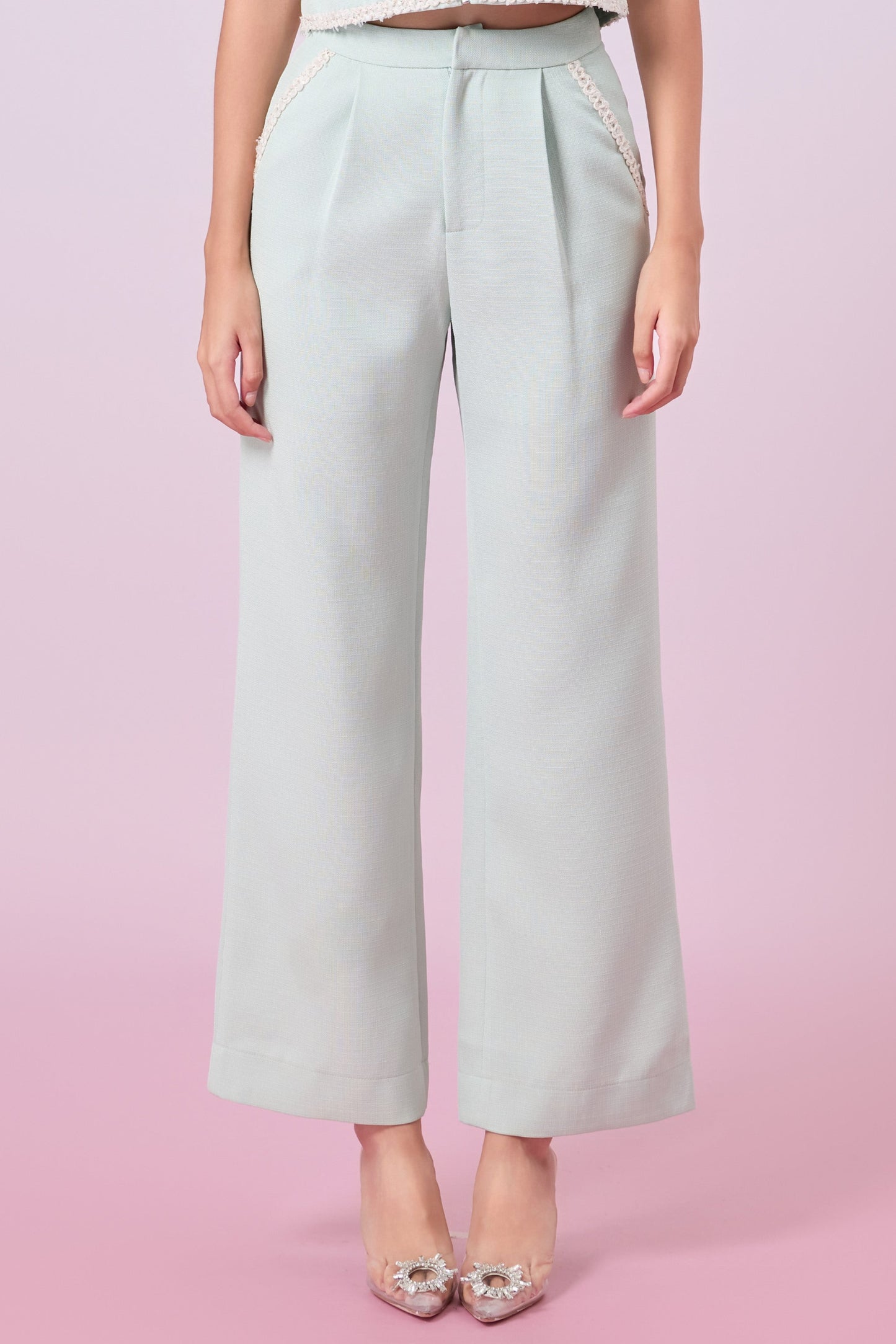 Jewelyn Light Green Tweed Straight Pants