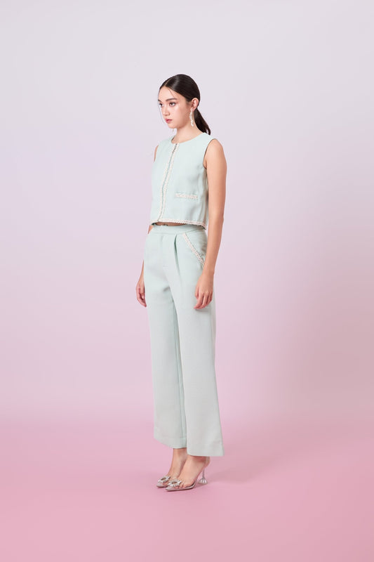 Jewelyn Light Green Tweed Straight Pants - Nimisski