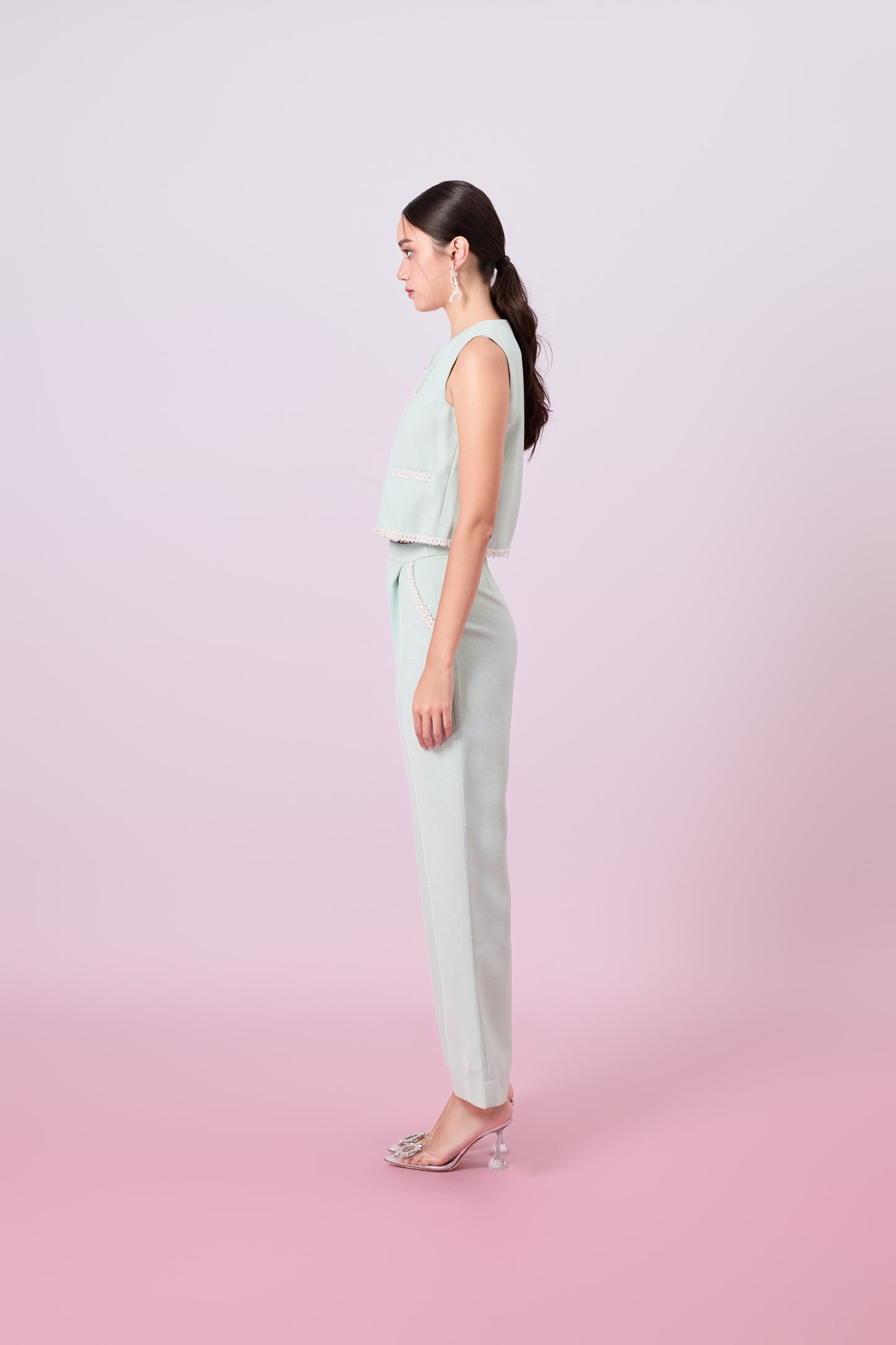 Jewelyn Light Green Tweed Straight Pants
