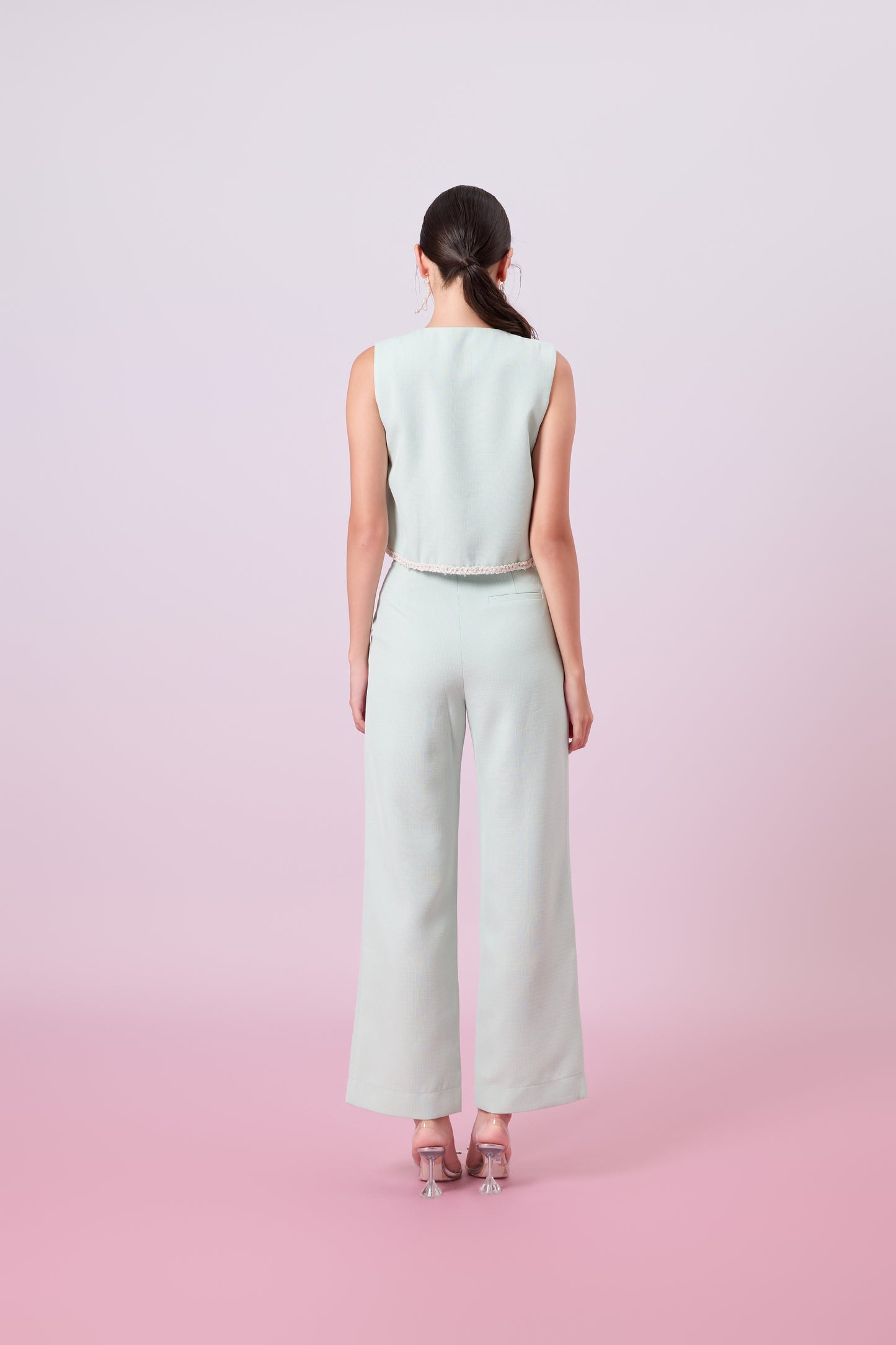 Jewelyn Light Green Tweed Straight Pants