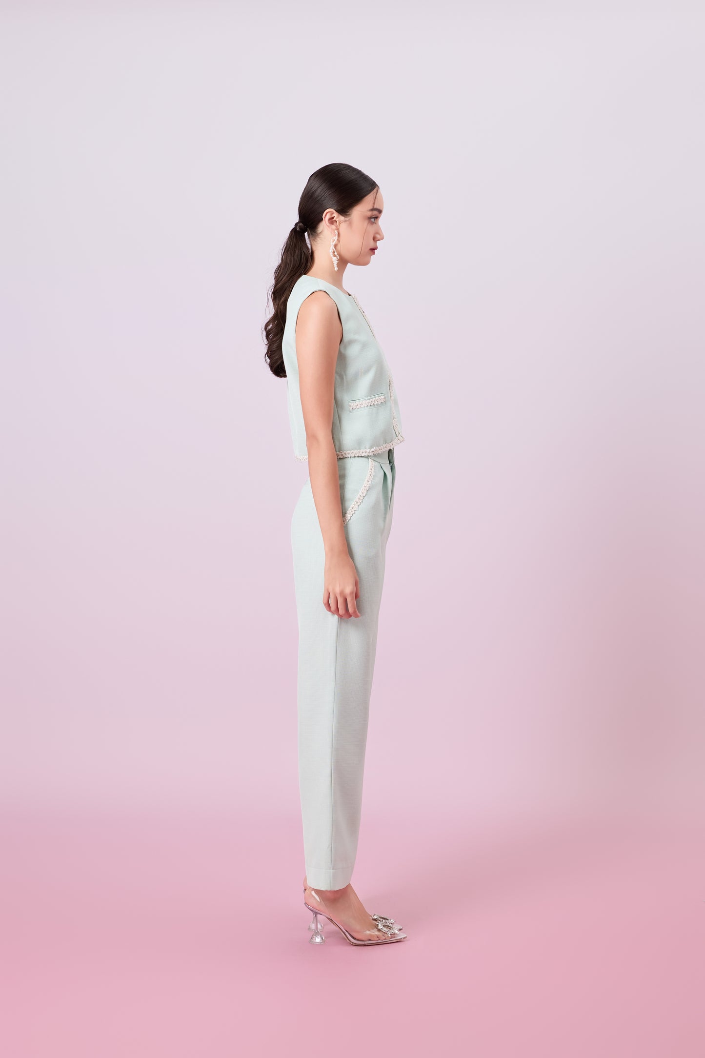 Jewelyn Light Green Tweed Straight Pants