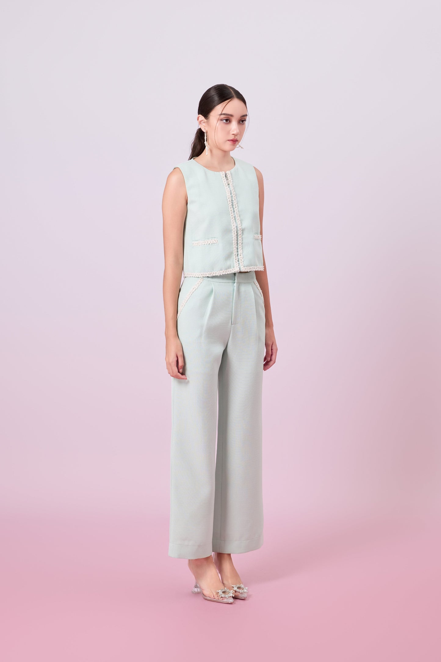 Jewelyn Light Green Tweed Straight Pants