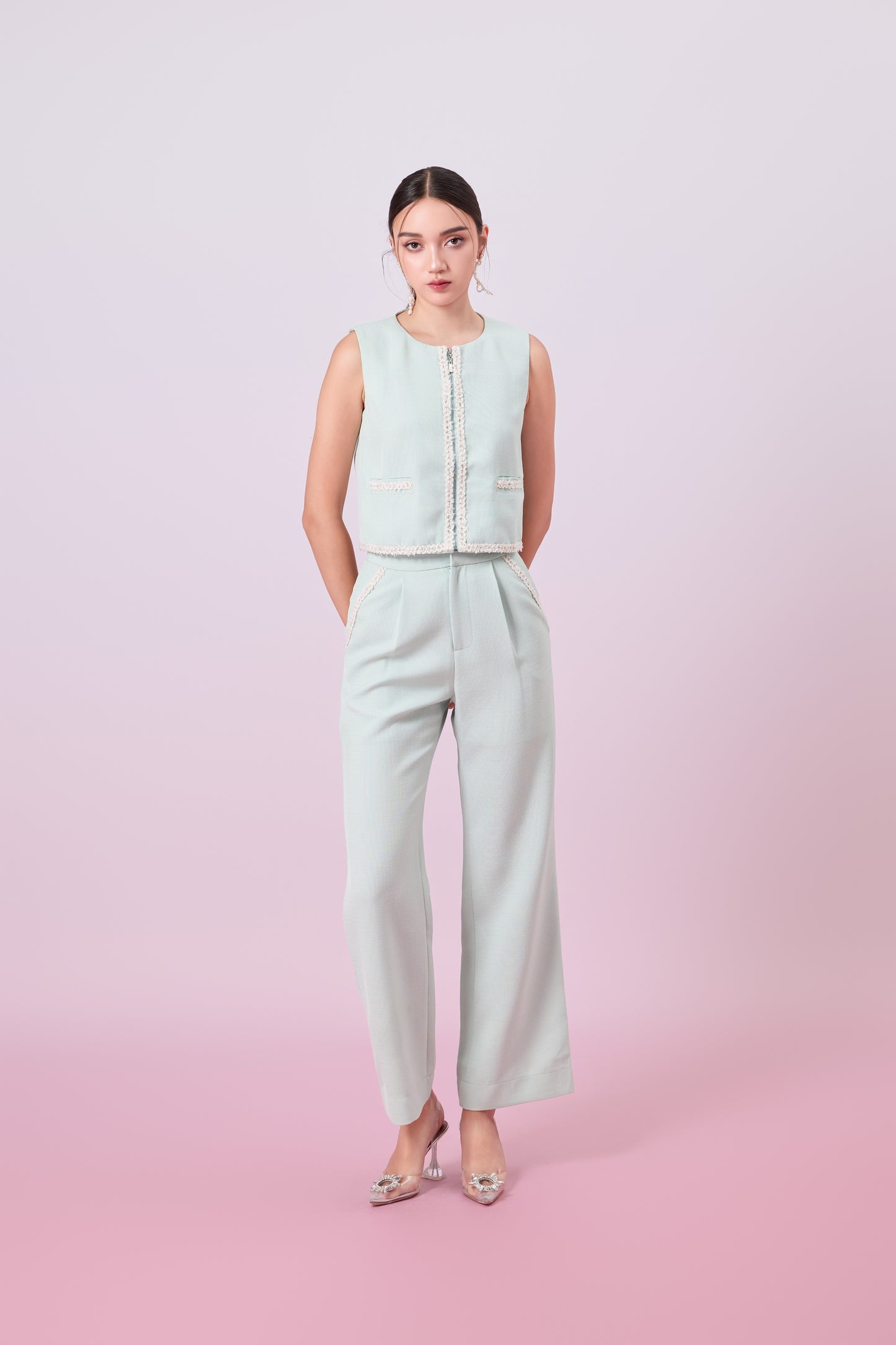 Jewelyn Light Green Tweed Straight Pants