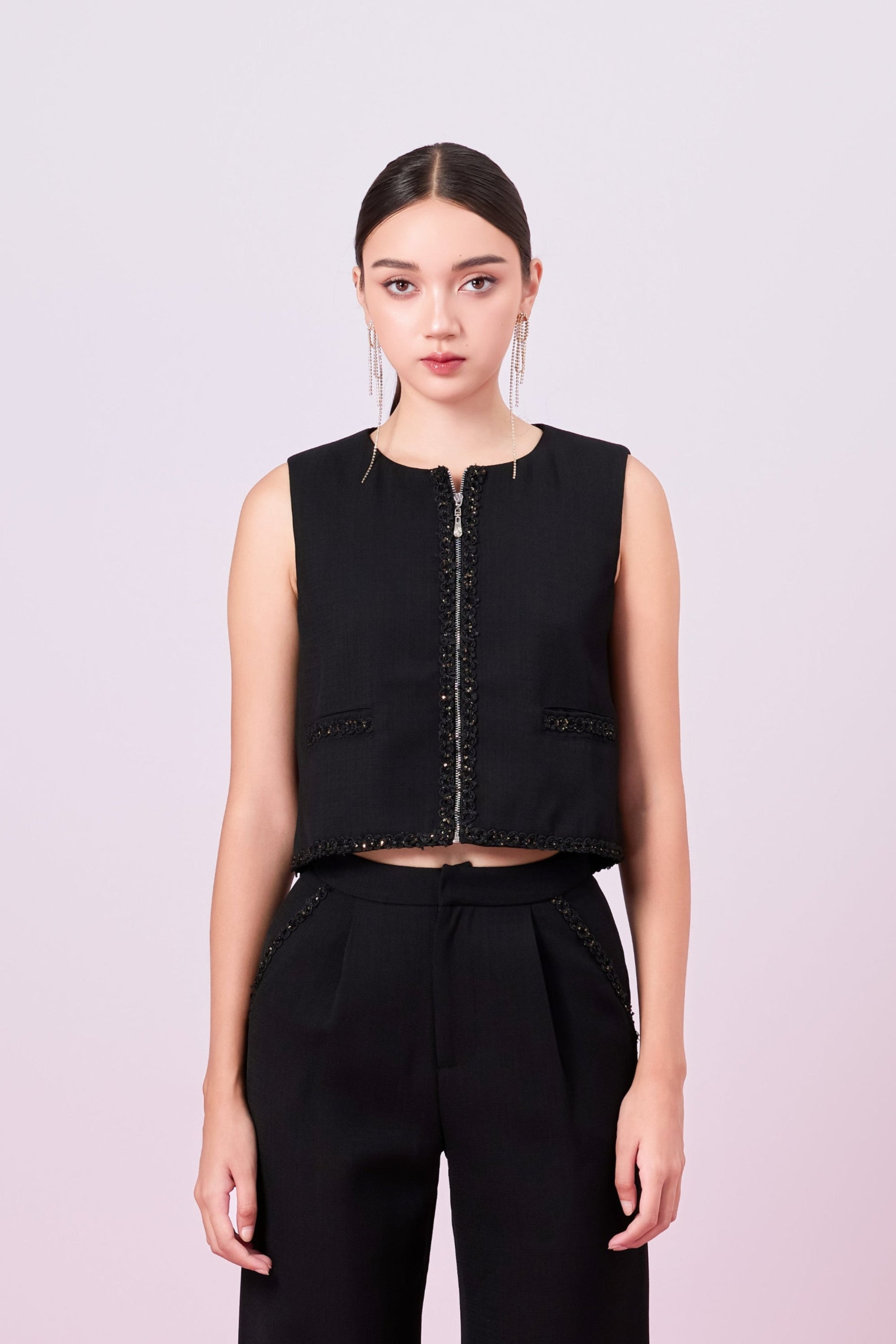 Jewelyn Black Tweed Front Zipper Vest