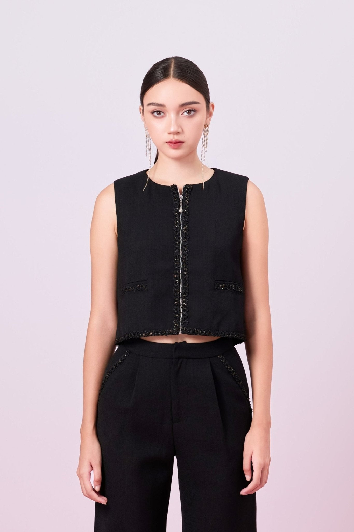 Jewelyn Black Tweed Front Zipper Vest - Nimisski