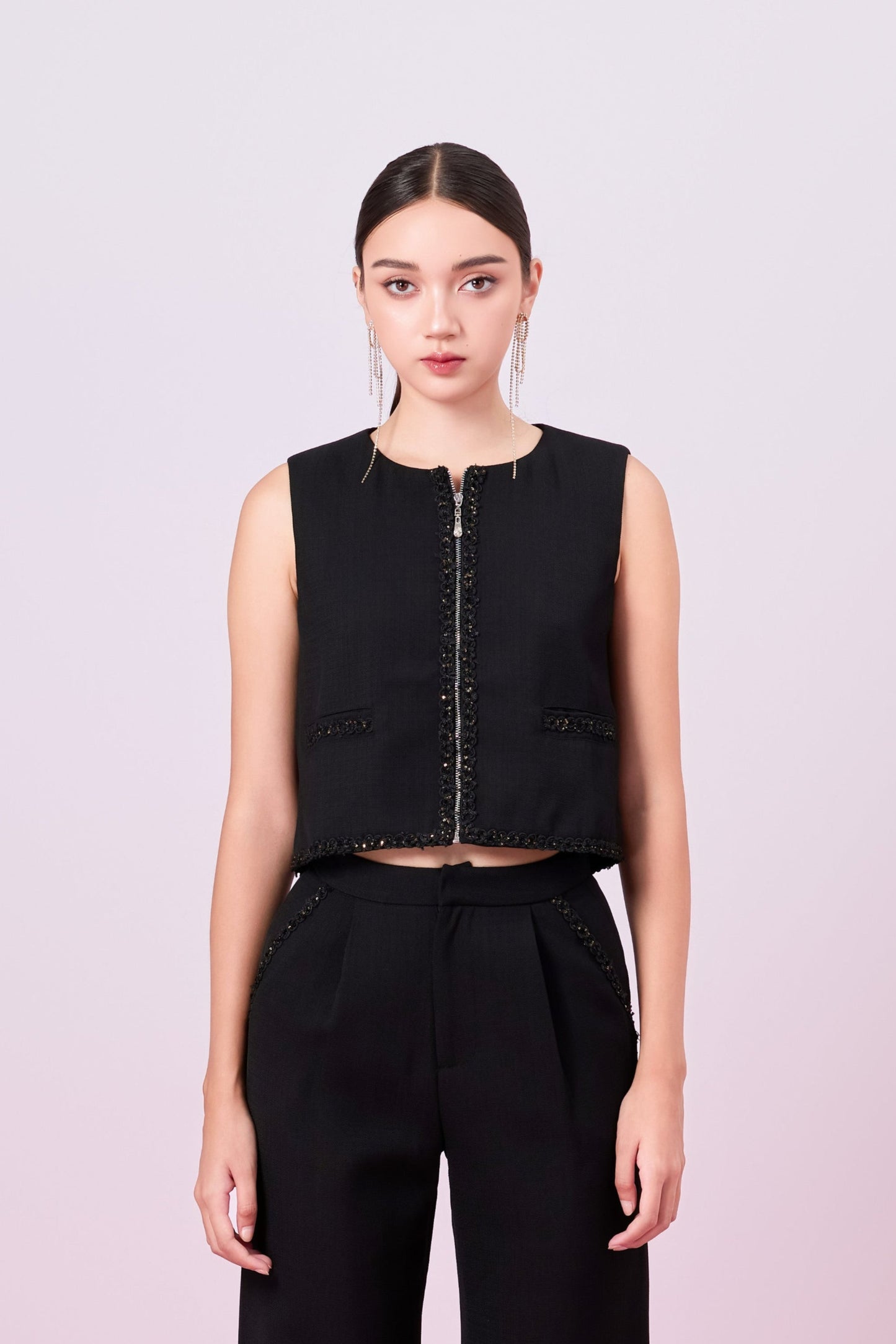 Jewelyn Black Tweed Front Zipper Vest