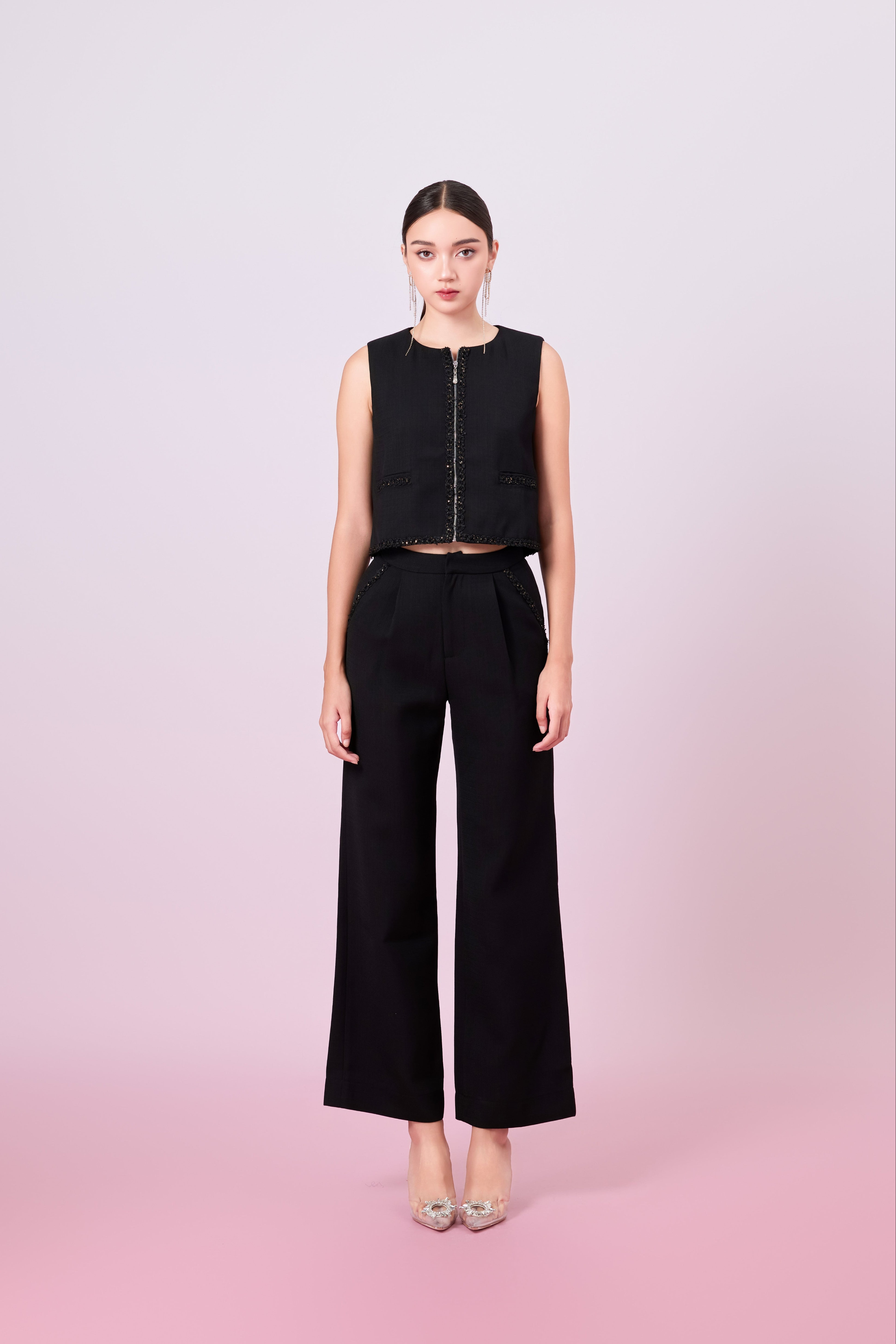 Jewelyn Black Tweed Straight Pants