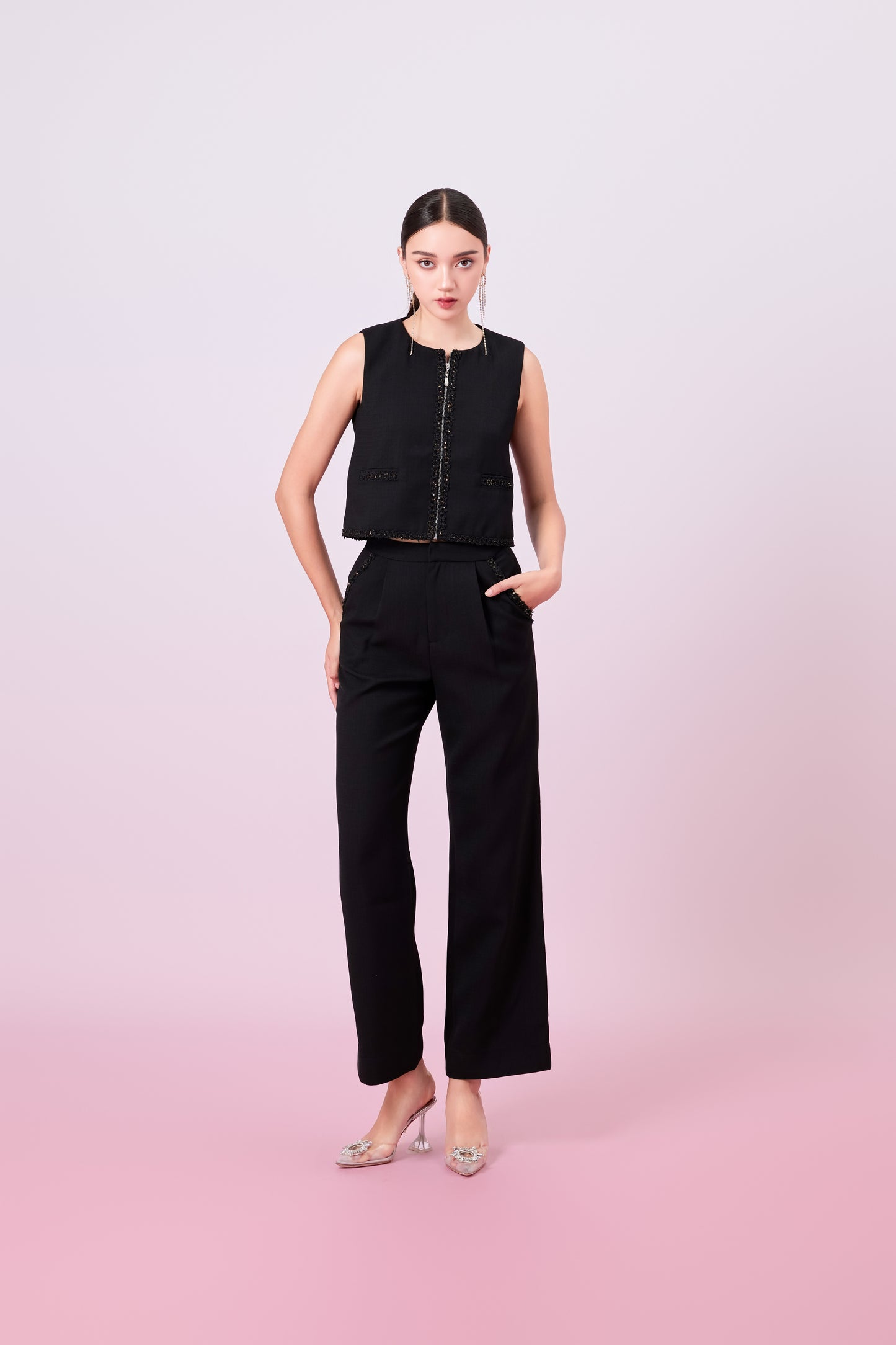 Jewelyn Black Tweed Straight Pants