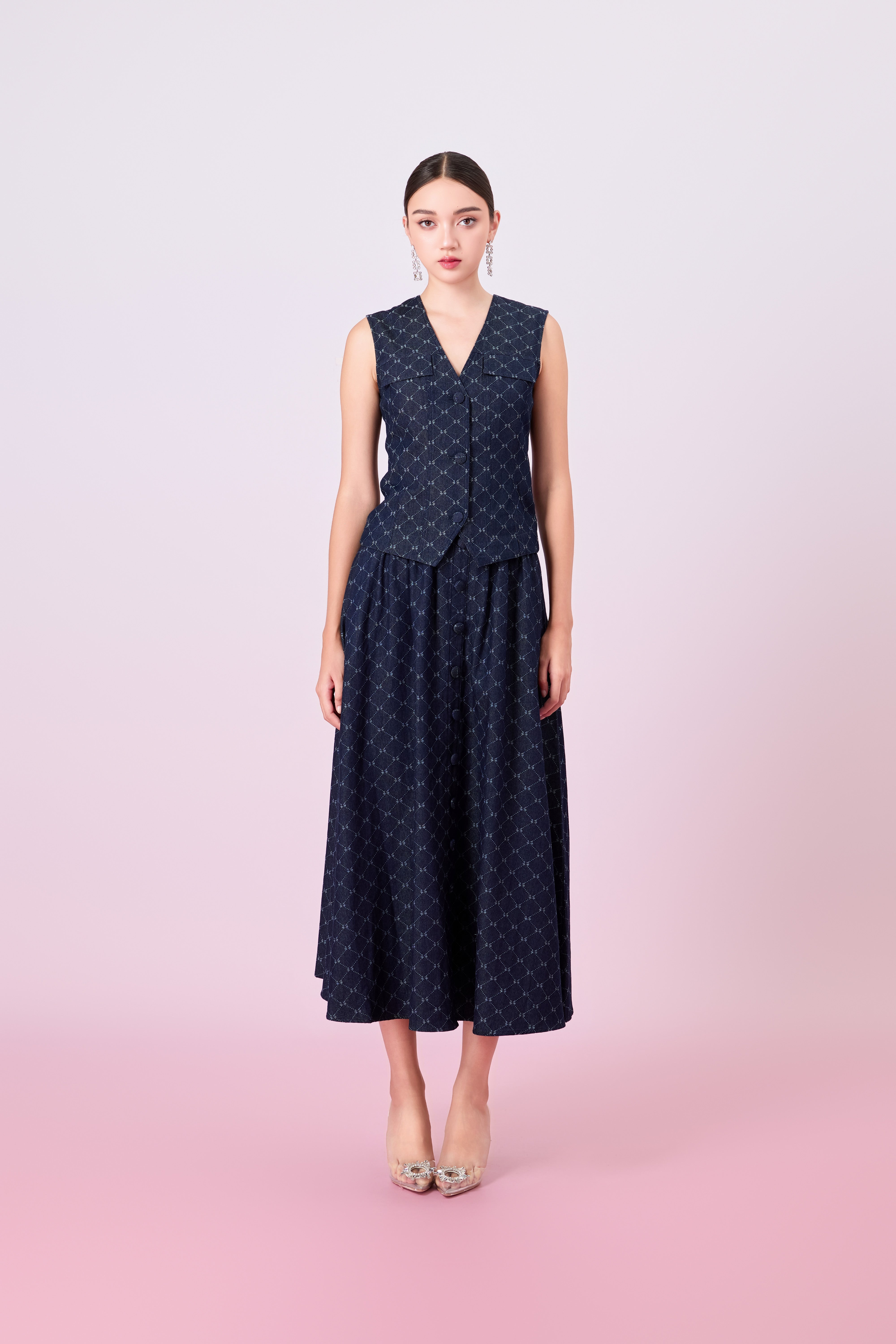 Joellen Dark Blue Button-Front A-Line Skirt