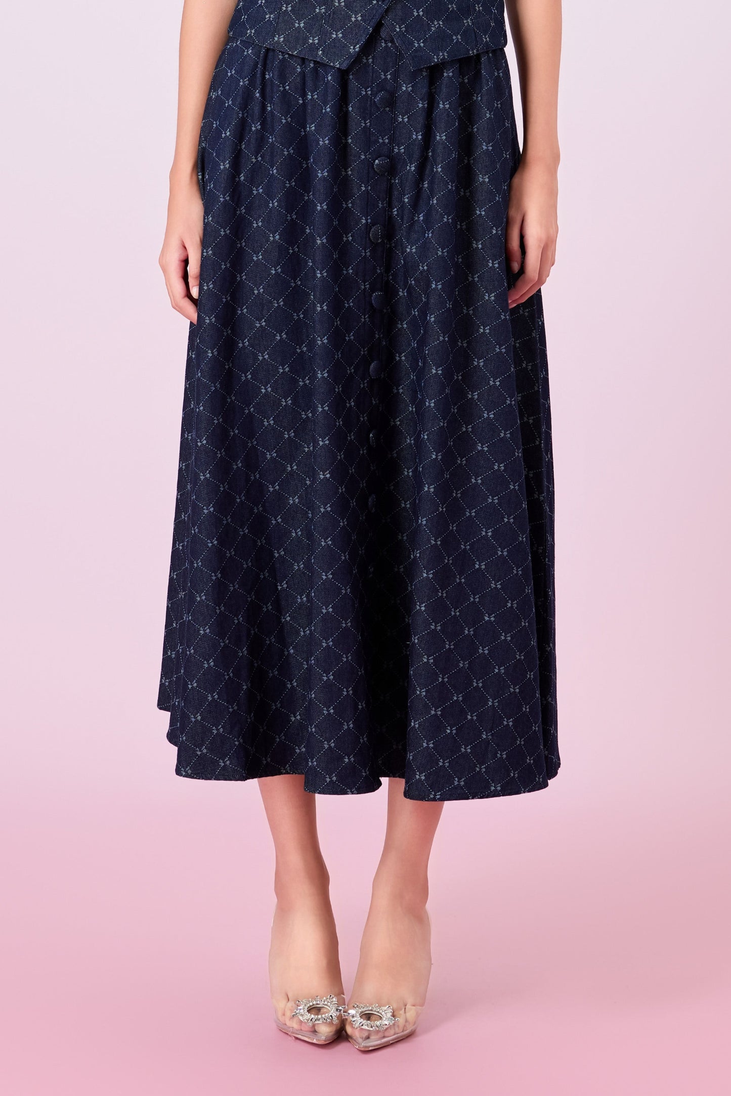 Joellen Dark Blue Button-Front A-Line Skirt