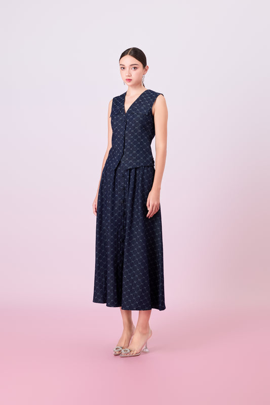 Joellen Dark Blue Button-Front A-Line Skirt