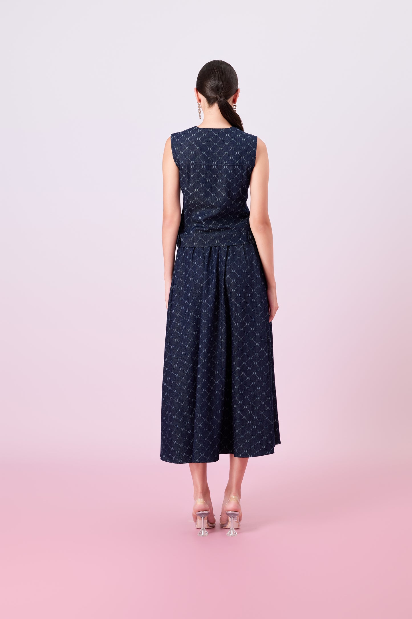 Joellen Dark Blue Button-Front A-Line Skirt