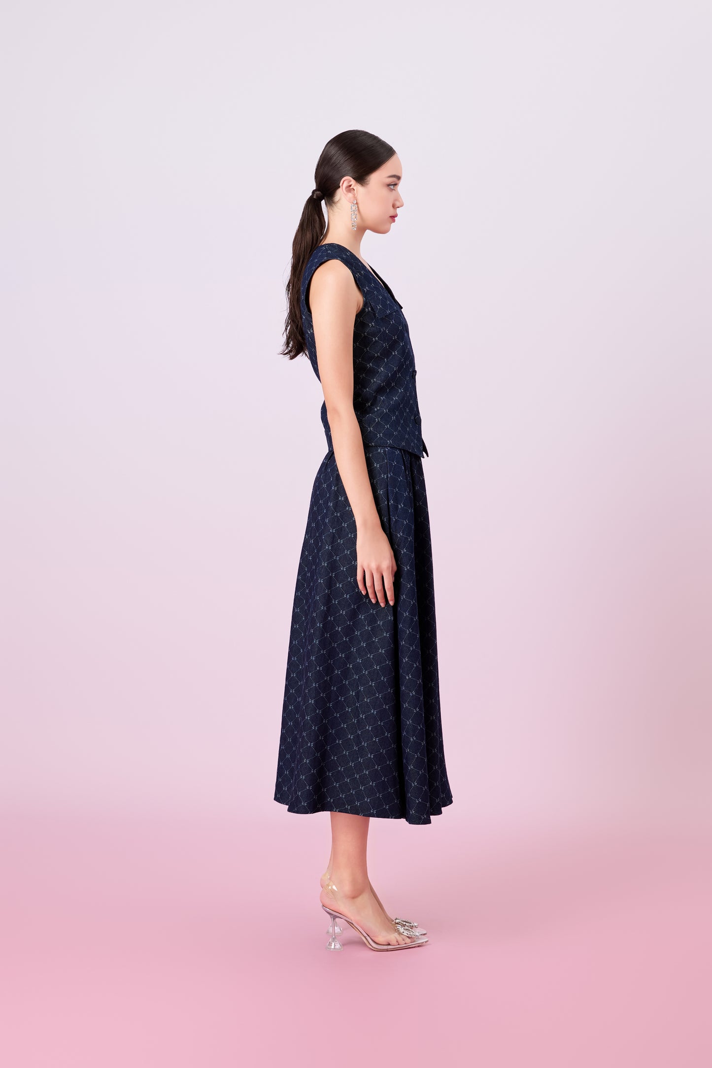Joellen Dark Blue Button-Front A-Line Skirt