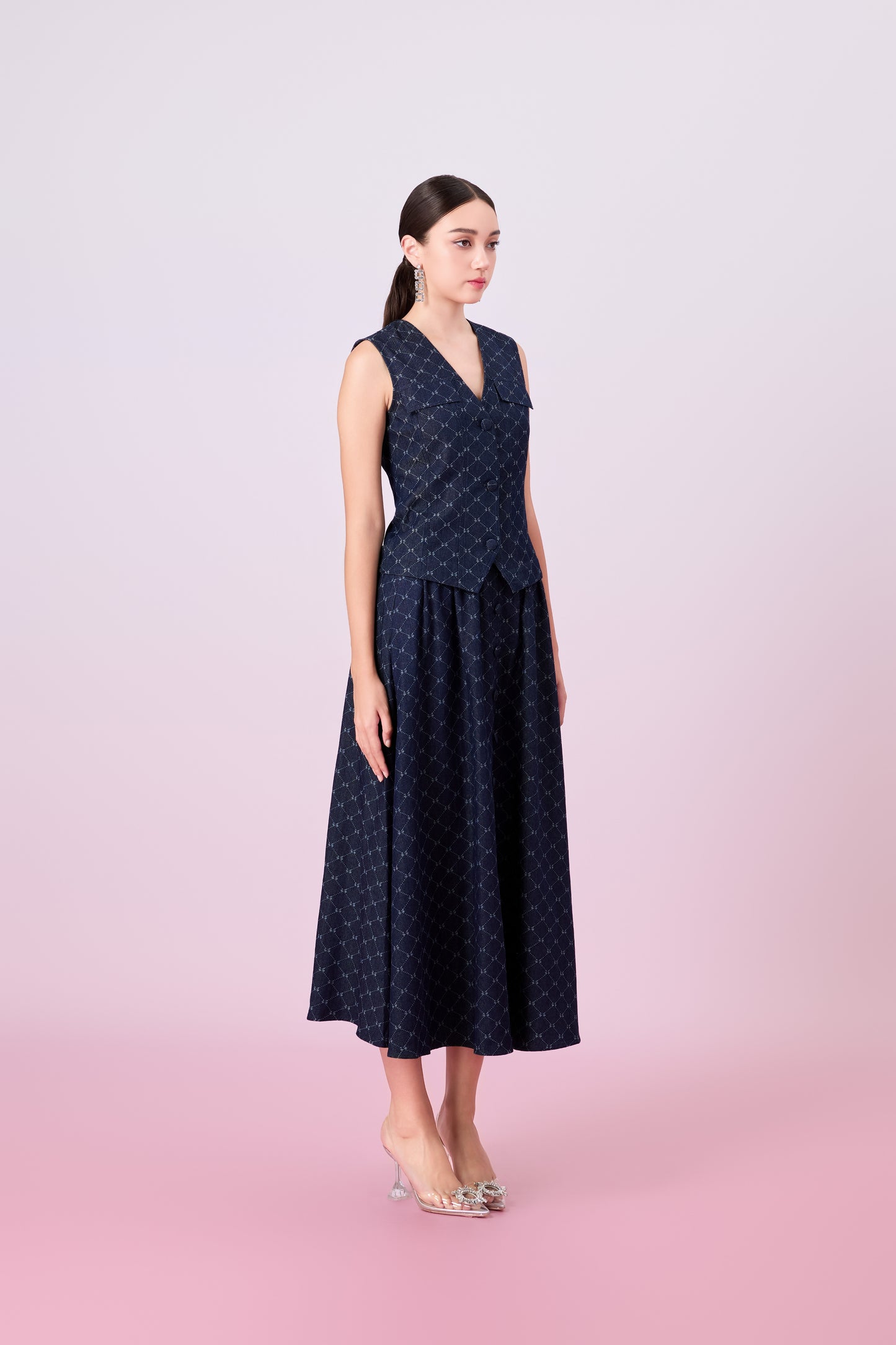 Joellen Dark Blue Button-Front A-Line Skirt
