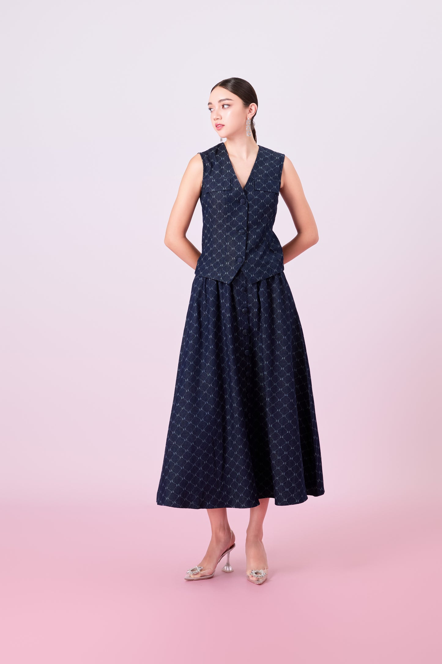 Joellen Dark Blue Button-Front A-Line Skirt