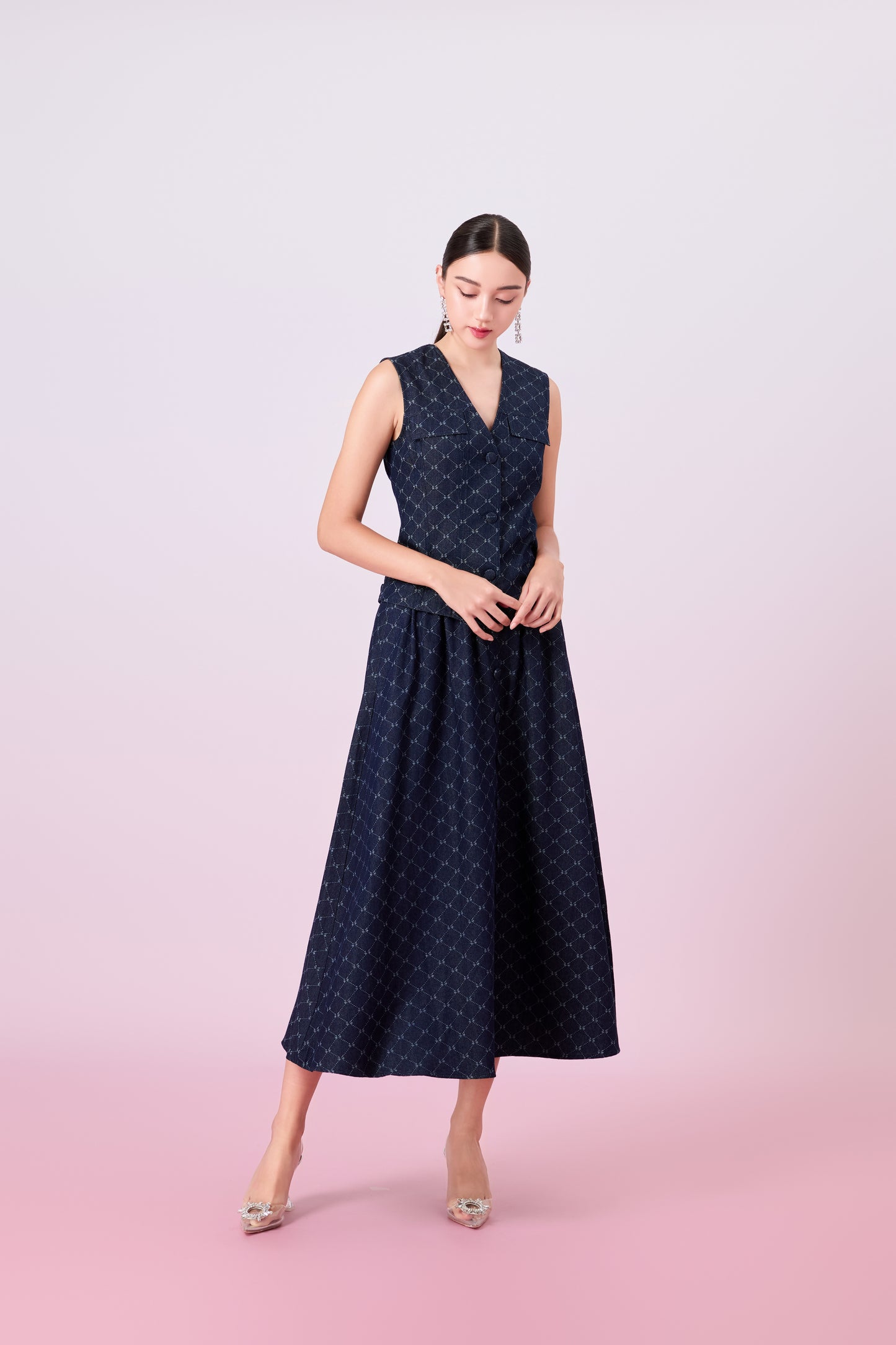 Joellen Dark Blue Button-Front A-Line Skirt